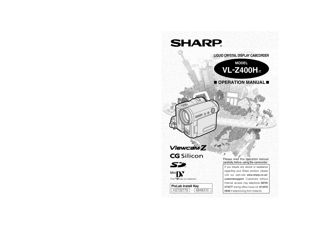 Sharp VL-Z400H-T operation manual Model, Liquid Crystal Display Camcorder, PixLab Install Key, Operation Manual 