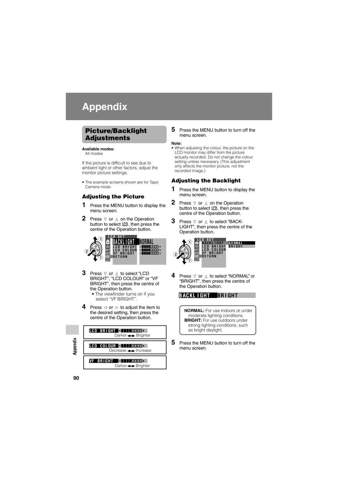 Sharp VL-Z400H-T operation manual Appendix, Picture/Backlight Adjustments, Adjusting the Picture, Adjusting the Backlight 