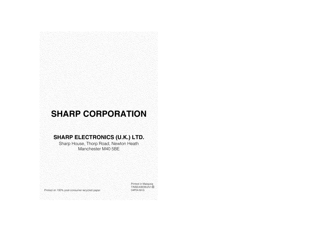 Sharp VL-Z400H-T operation manual Sharp Corporation, Sharp House, Thorp Road, Newton Heath Manchester M40 5BE 