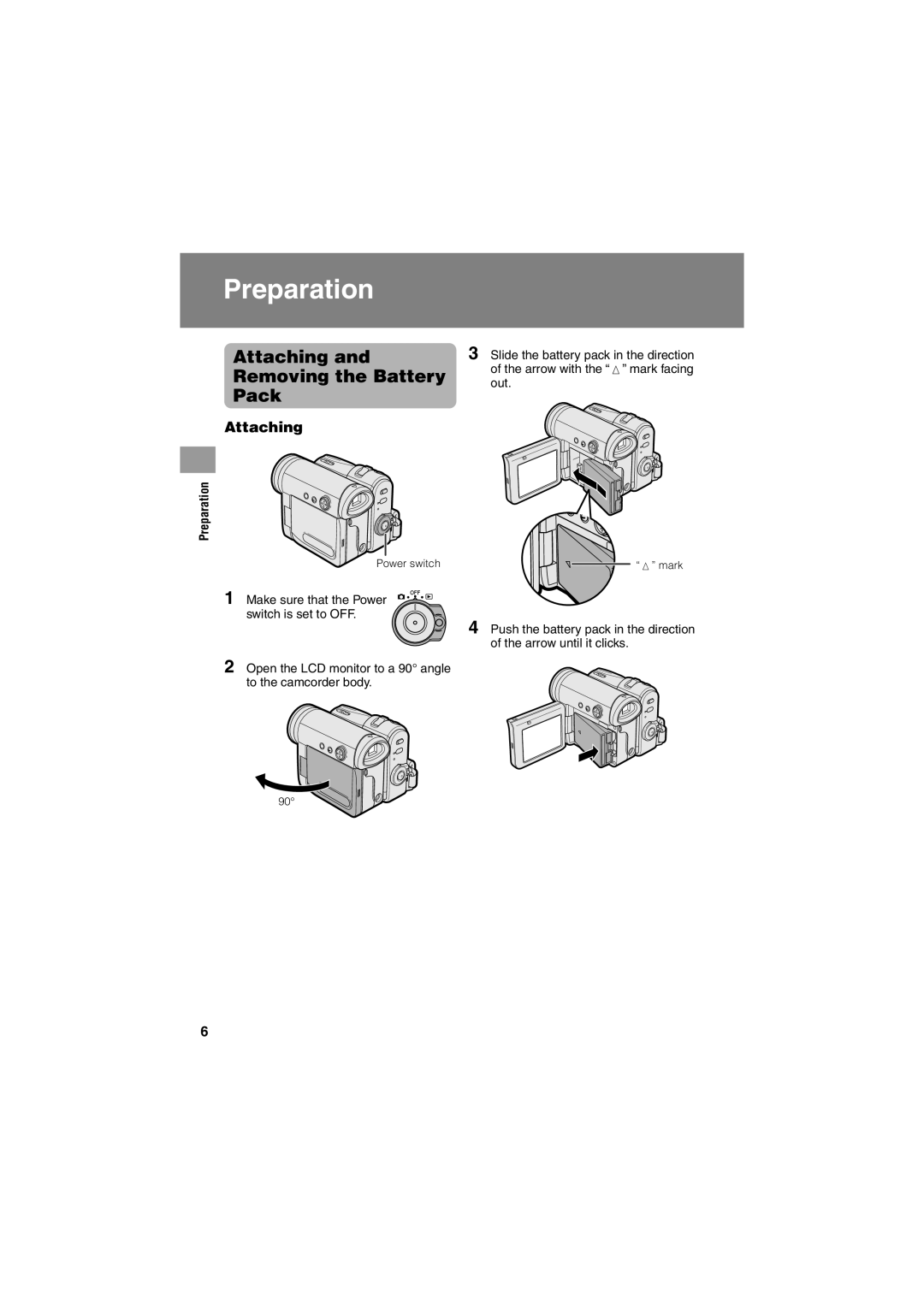 Sharp VL-Z400H-T operation manual Preparation, Attaching and Removing the Battery Pack 