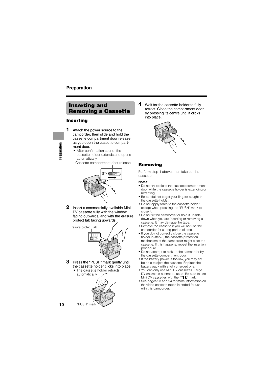 Sharp VL-Z400H-T operation manual Inserting and Removing a Cassette, Preparation, Save C E R 