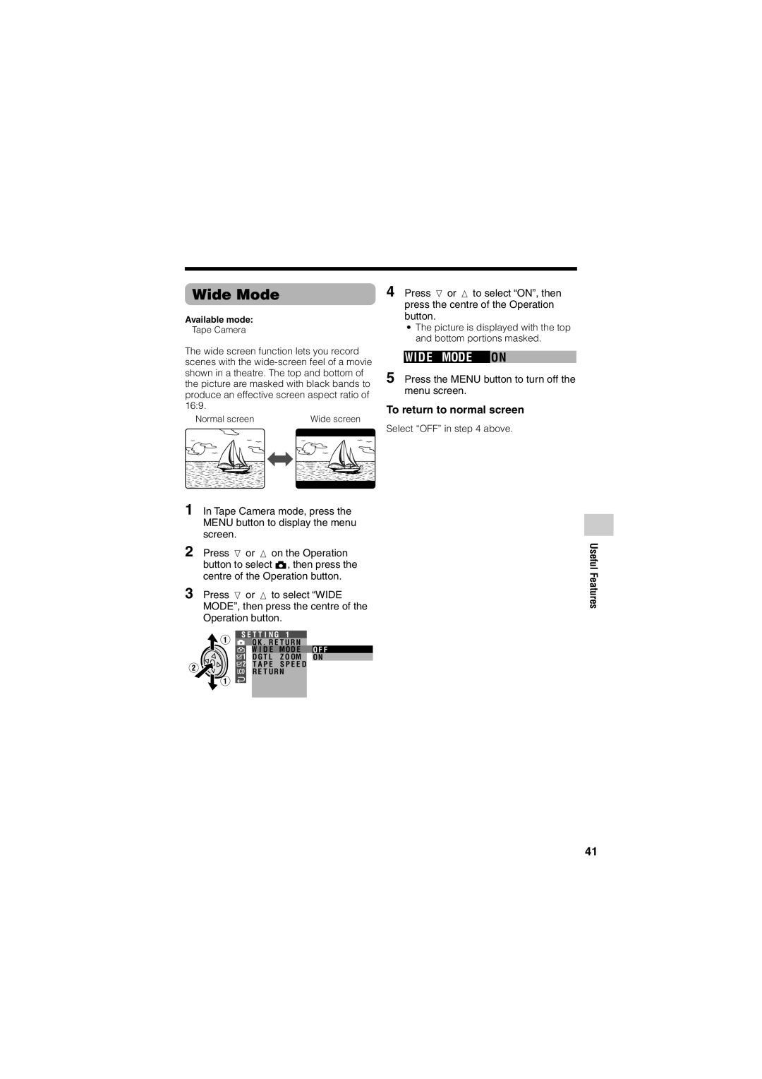 Sharp VL-Z400H-T operation manual Wide Mode On, To return to normal screen, Useful Features 