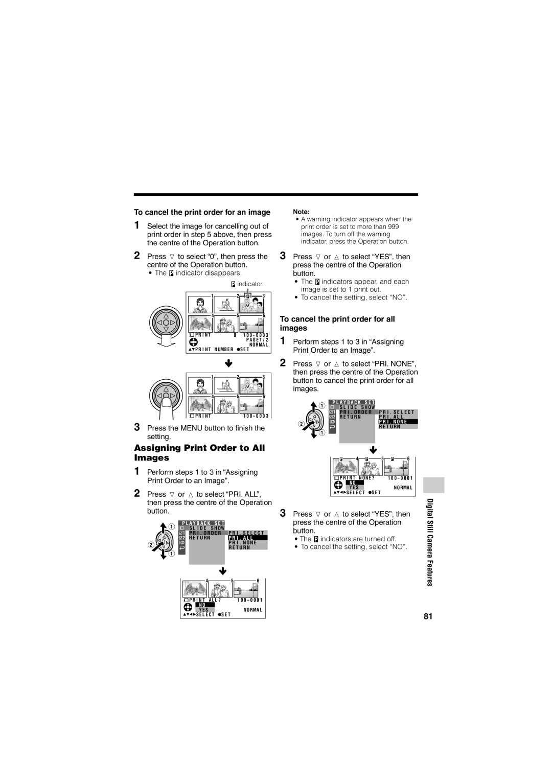 Sharp VL-Z400H-T operation manual Assigning Print Order to All Images, To cancel the print order for an image 