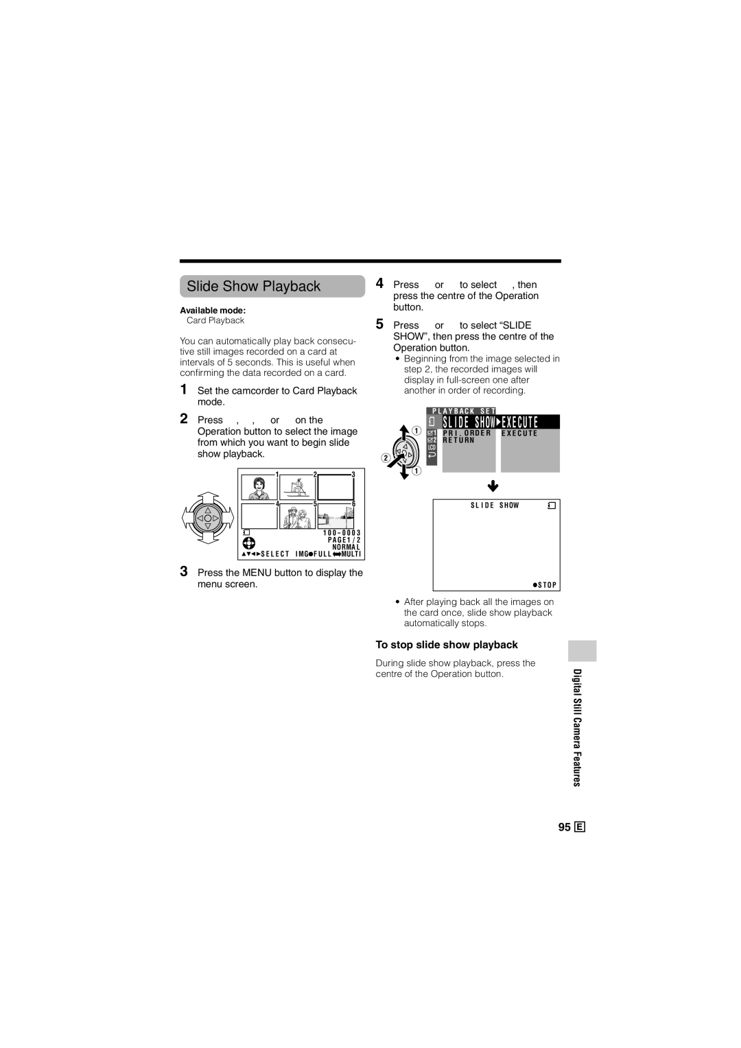 Sharp VL-Z500E operation manual Slide Show Playback, To stop slide show playback 