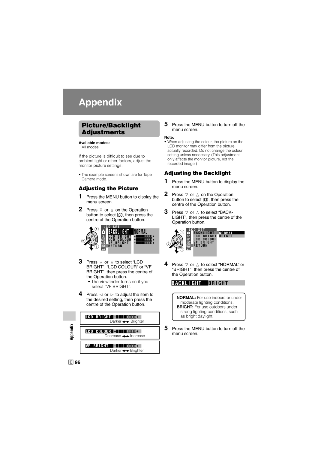 Sharp VL-Z500E Picture/Backlight Adjustments, Adjusting the Picture, Adjusting the Backlight, Ack L I Gh T Br I Gh T 