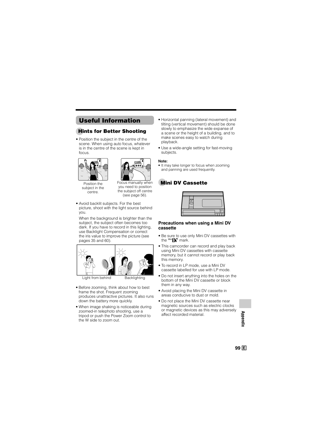 Sharp VL-Z500E Useful Information, Hints for Better Shooting, Mini DV Cassette, Precautions when using a Mini DV cassette 