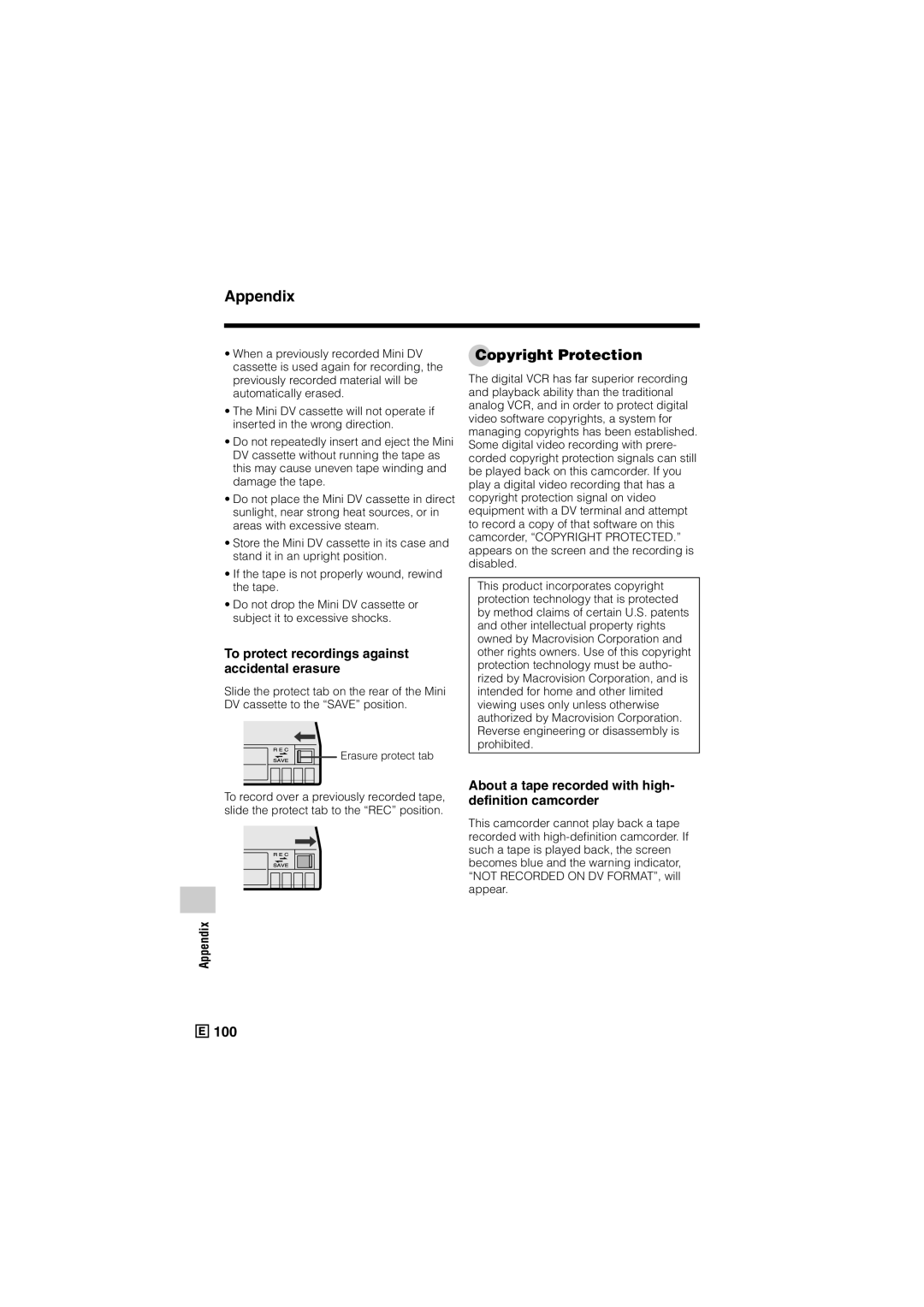 Sharp VL-Z500E operation manual Copyright Protection, To protect recordings against accidental erasure 