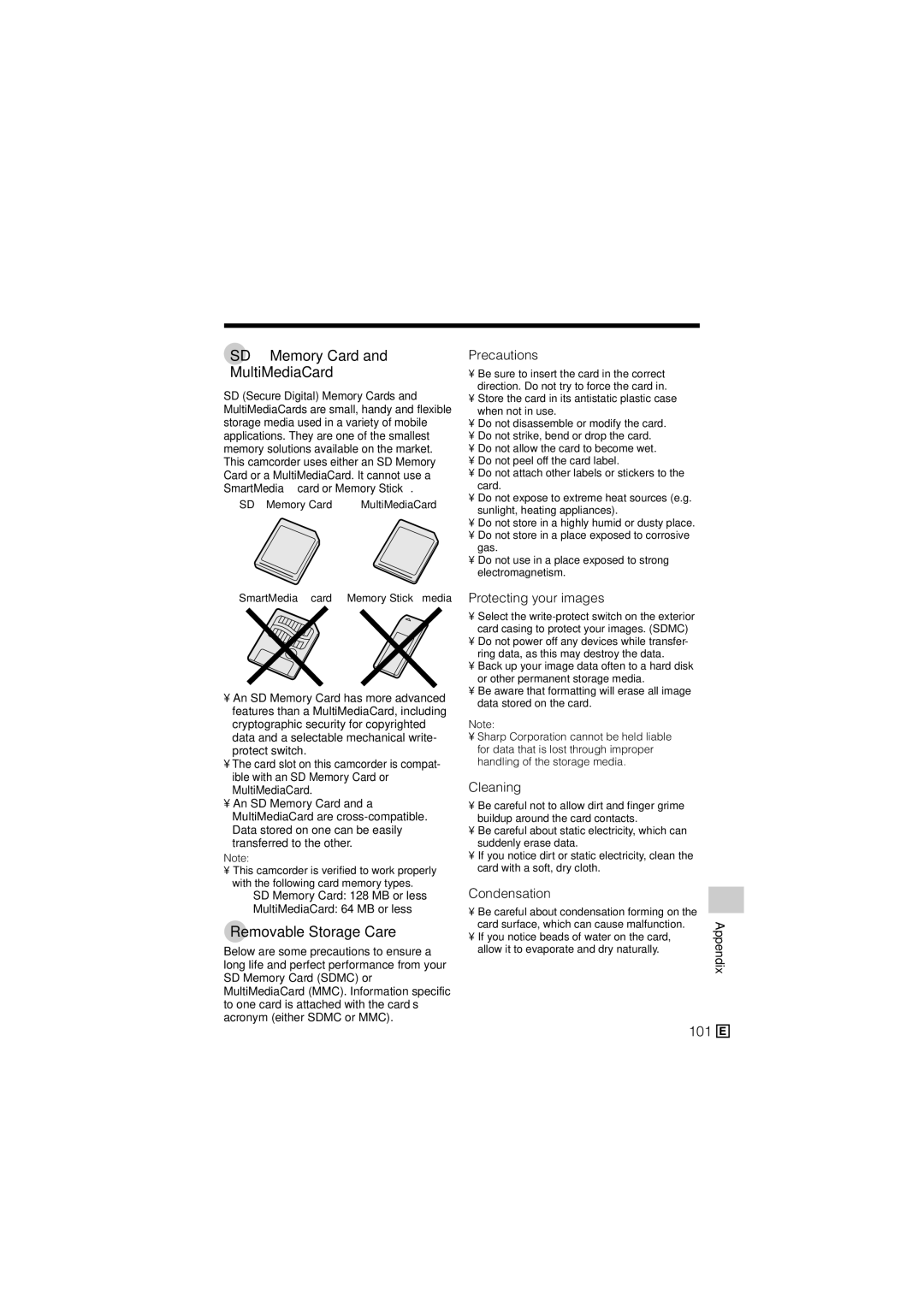 Sharp VL-Z500E operation manual SD\ Memory Card and MultiMediaCard, Removable Storage Care 