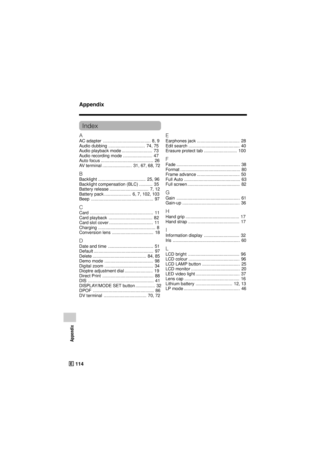 Sharp VL-Z500E operation manual Index, Backlight compensation BLC, Battery pack, 100, Lithium battery 