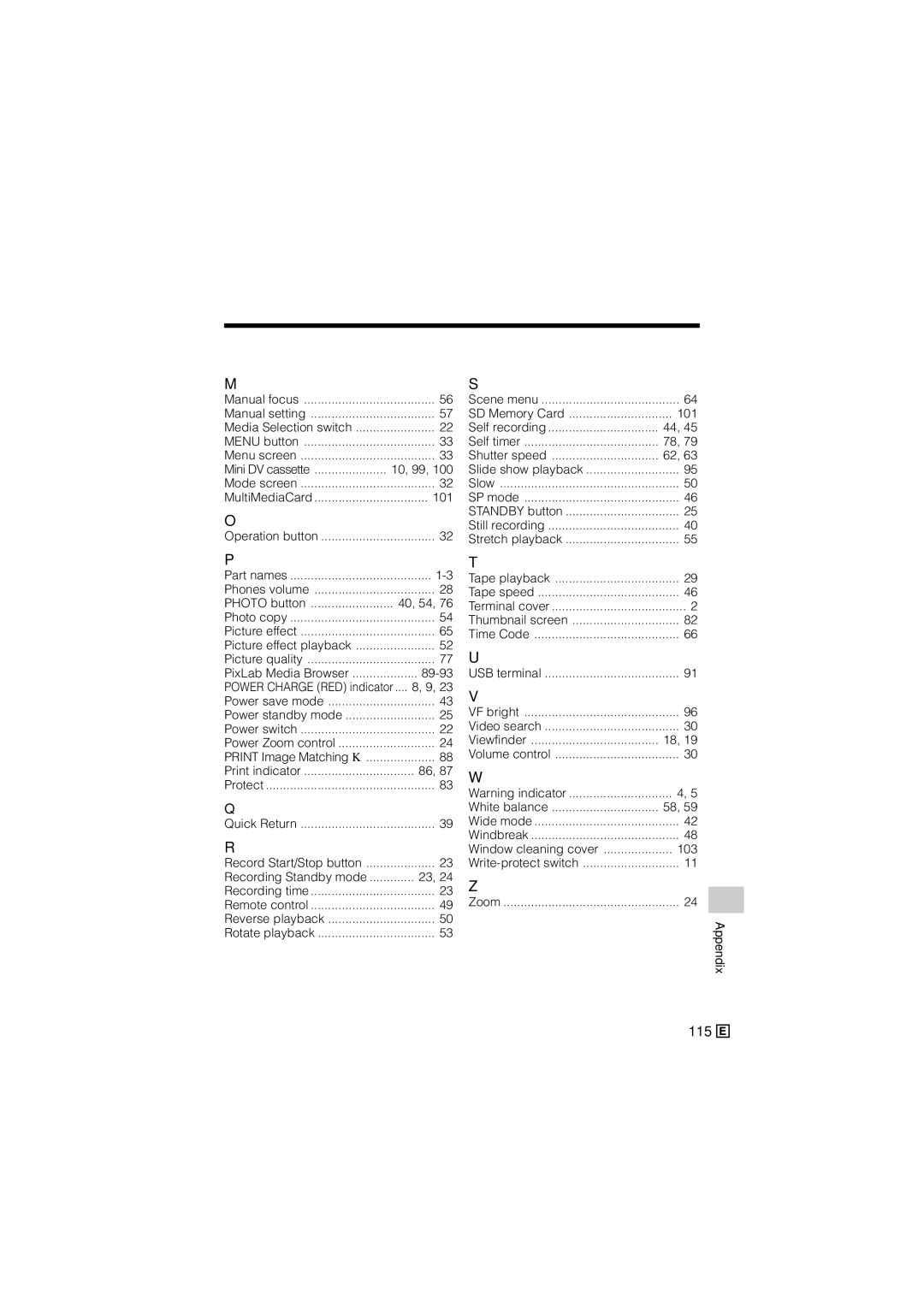 Sharp VL-Z500E operation manual 101, Self timer Shutter speed, 89-93, Rotate playback, White balance, 103 