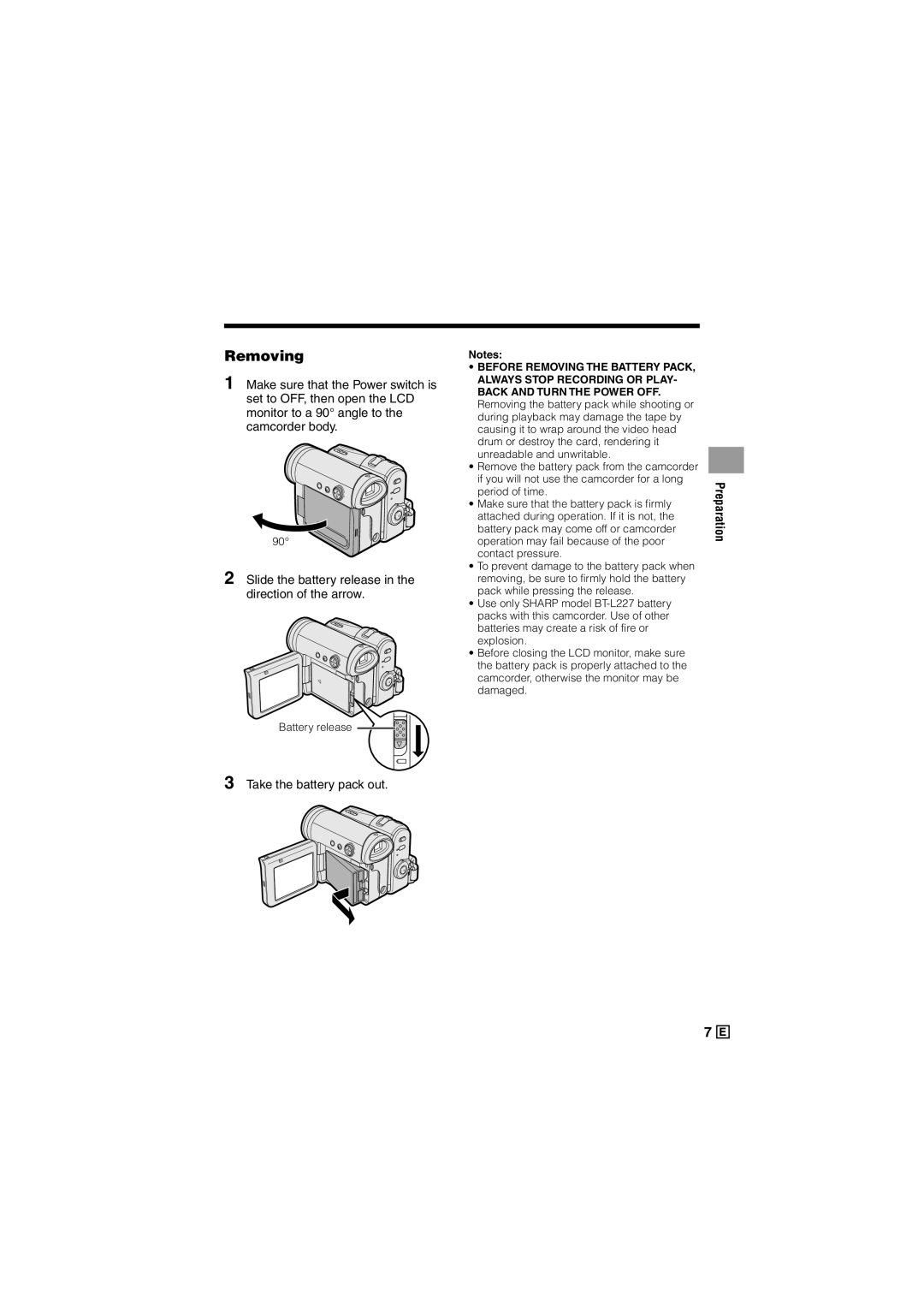 Sharp VL-Z500E operation manual Removing, Take the battery pack out 