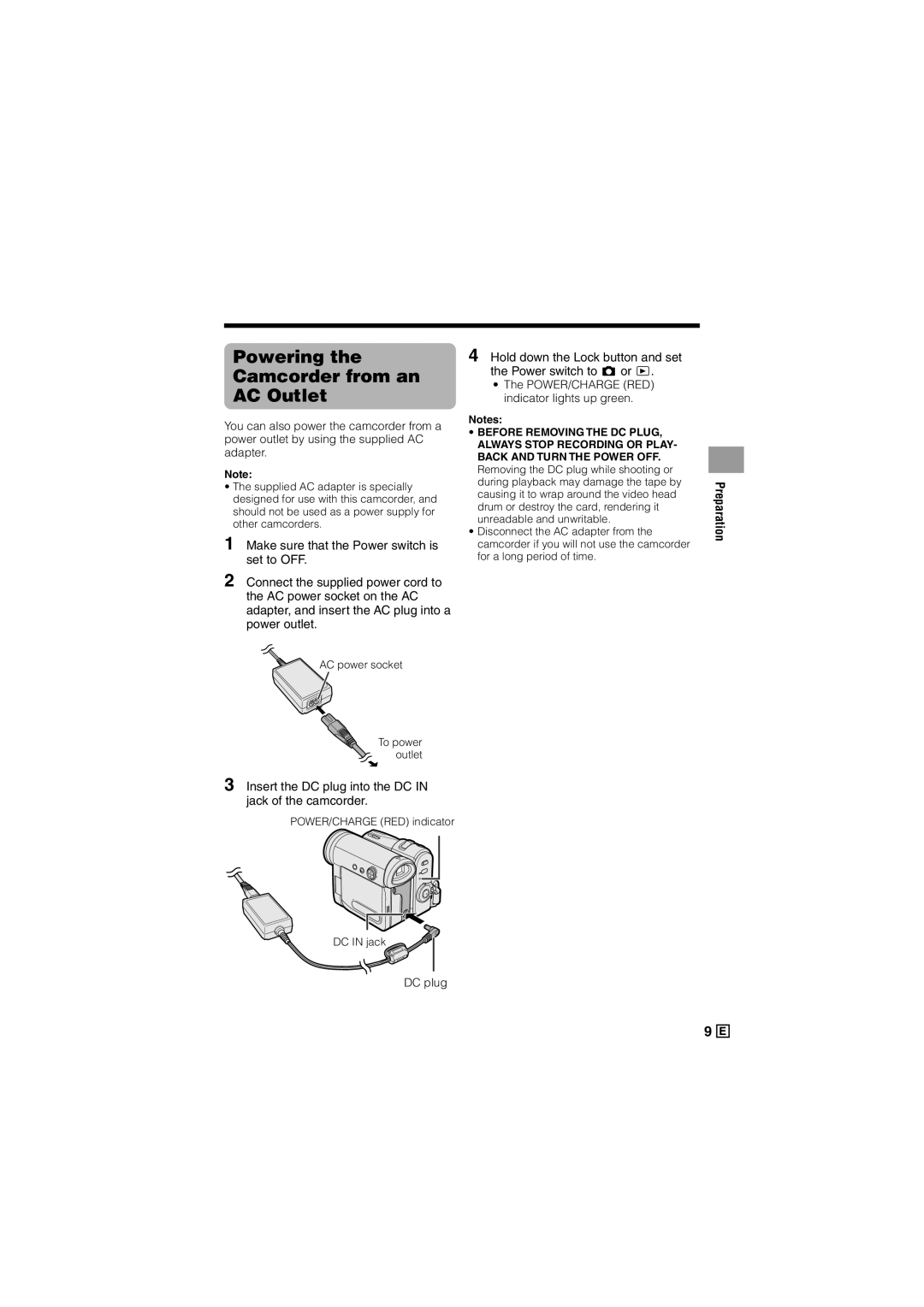 Sharp VL-Z500E operation manual Powering the Camcorder from an AC Outlet, DC plug 