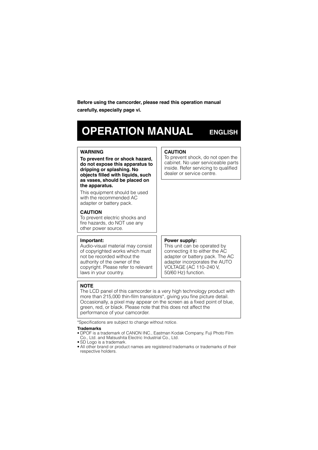 Sharp VL-Z500E operation manual Specifications are subject to change without notice, Trademarks 