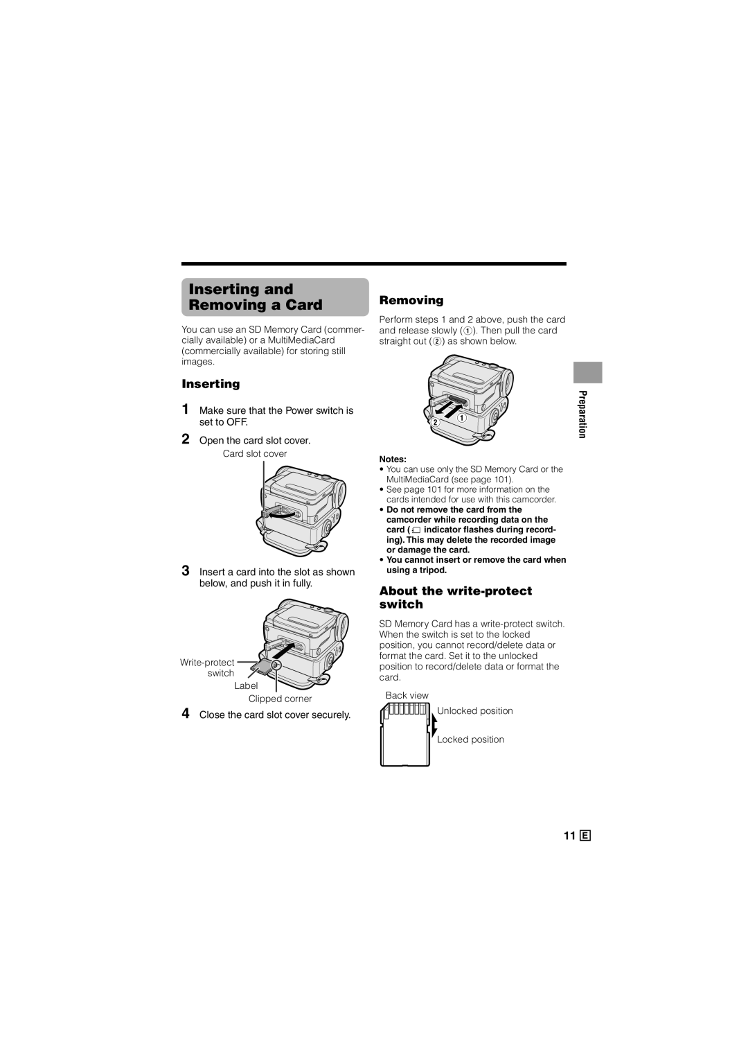 Sharp VL-Z500E Inserting Removing a Card, About the write-protect switch, Close the card slot cover securely 