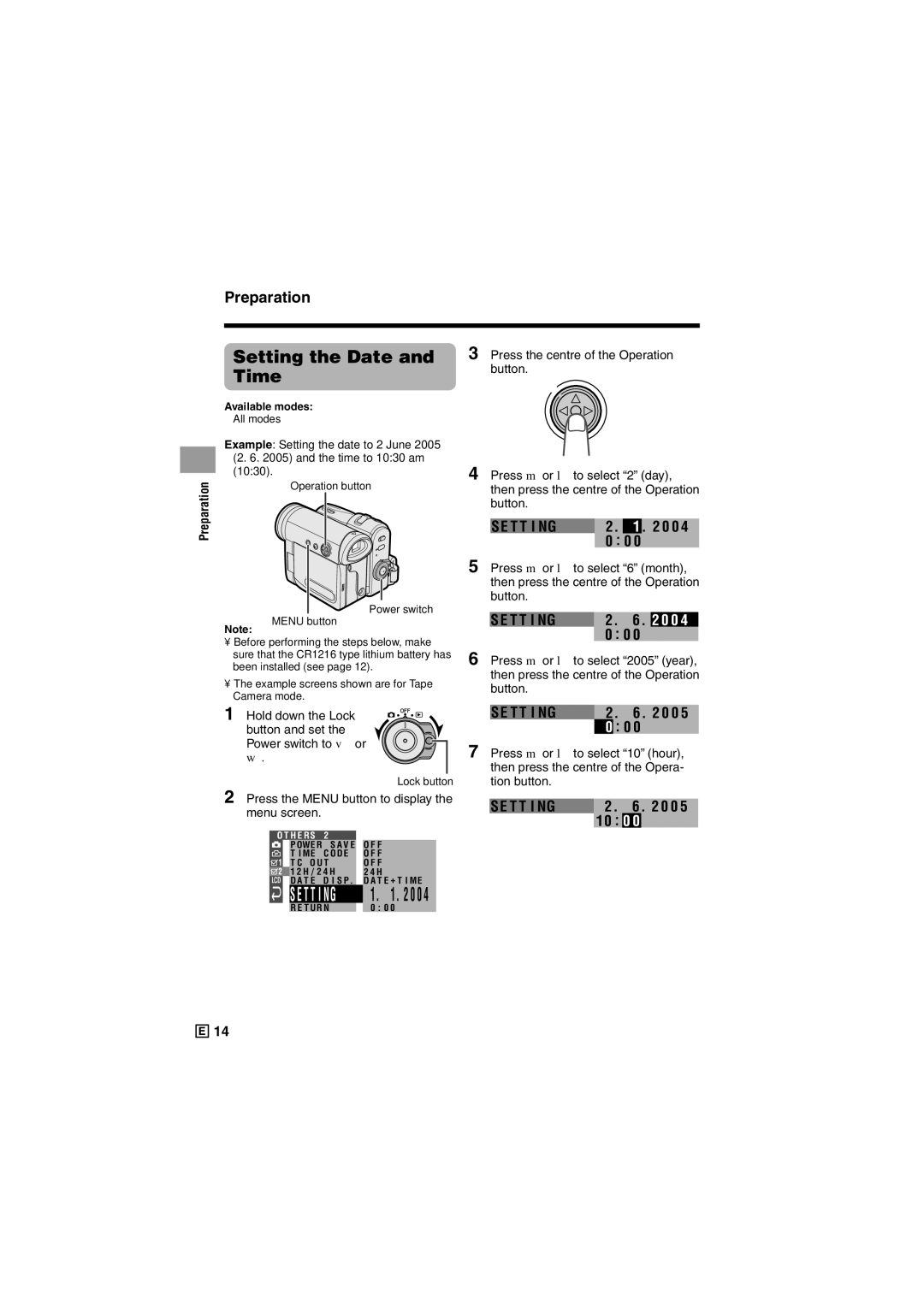 Sharp VL-Z500E Setting the Date and Time, 0 0, Press the Menu button to display the menu screen, Available modes 