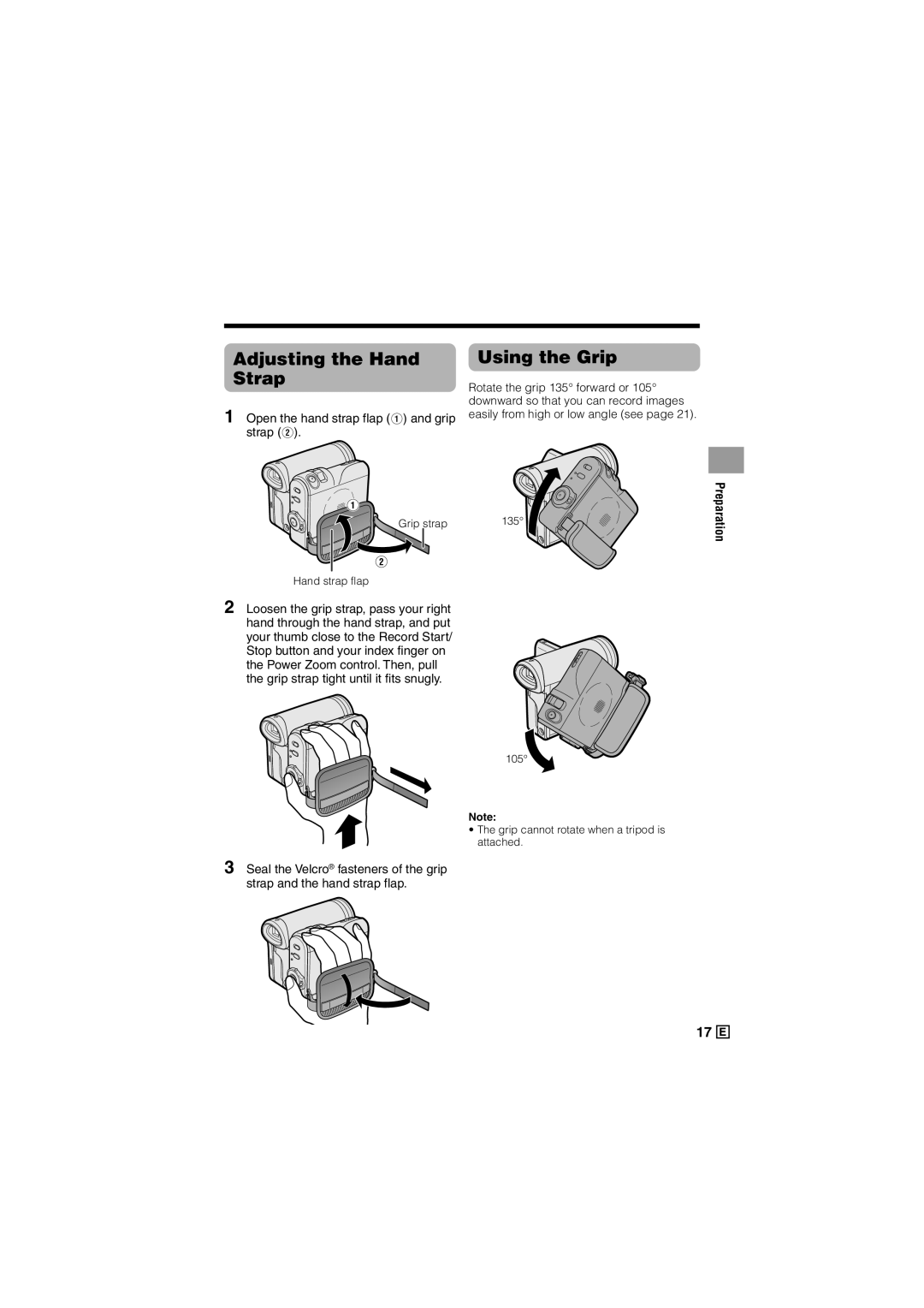 Sharp VL-Z500E operation manual Adjusting the Hand Strap, Using the Grip, Open the hand strap flap 1 and grip strap 