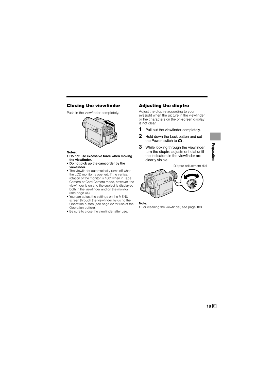 Sharp VL-Z500E operation manual Closing the viewfinder, Adjusting the dioptre, Push in the viewfinder completely 