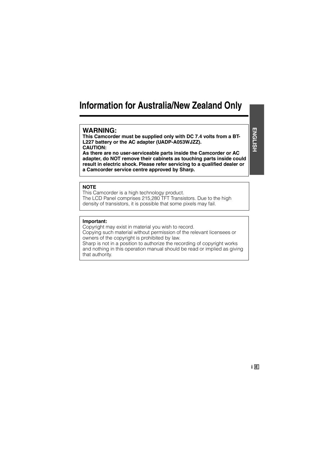 Sharp VL-Z500E operation manual Information for Australia/New Zealand Only 