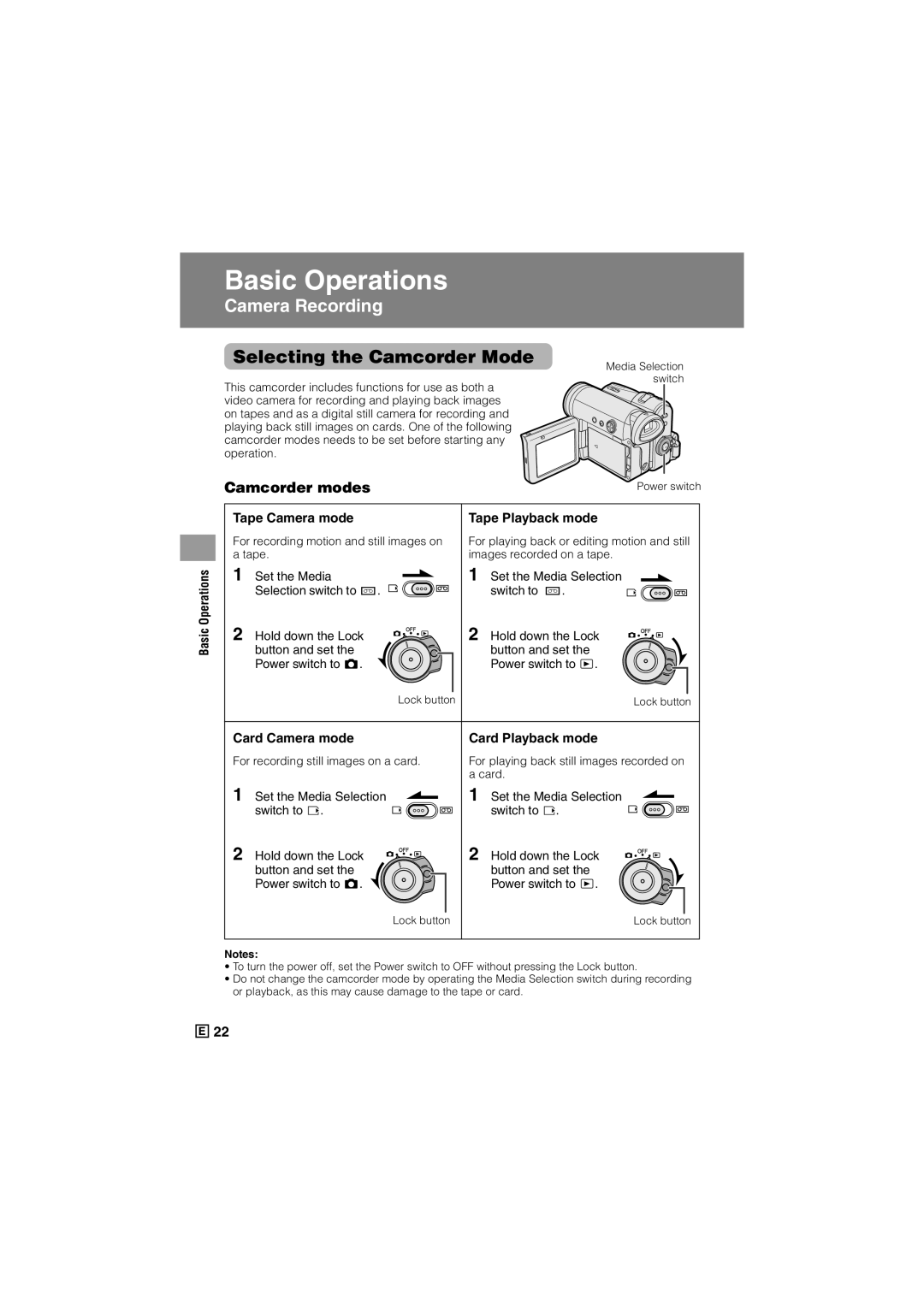 Sharp VL-Z500E operation manual Selecting the Camcorder Mode, Camcorder modes, Tape Camera mode Tape Playback mode 