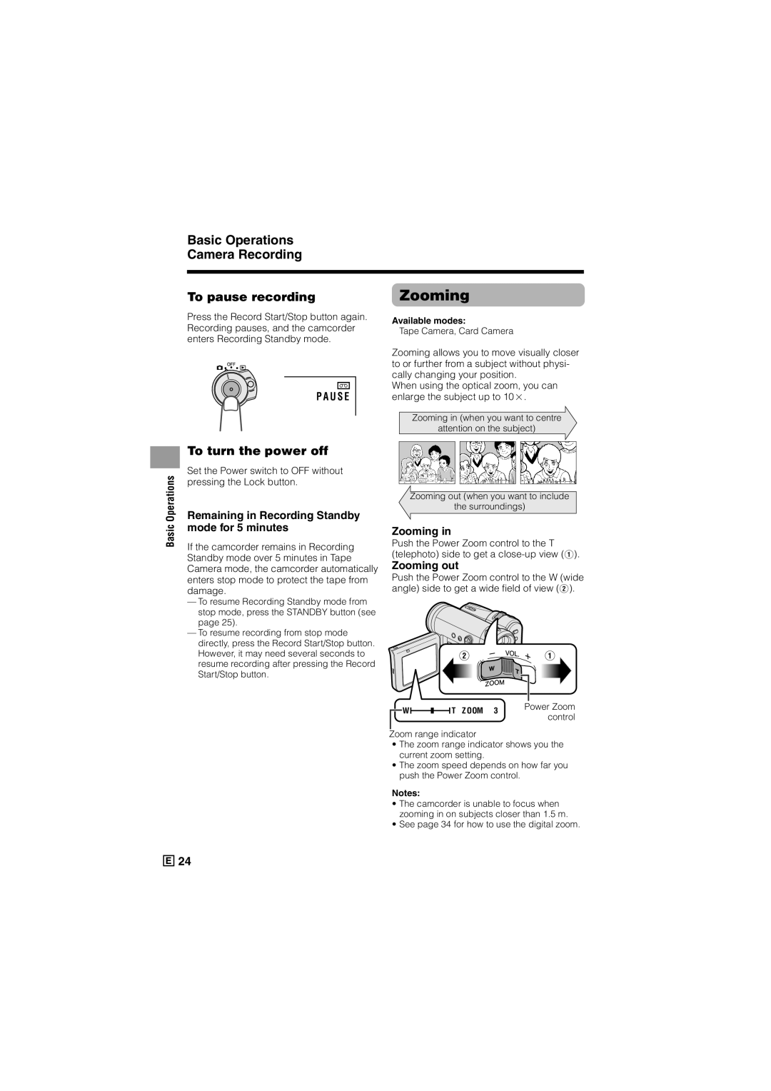 Sharp VL-Z500E Basic Operations Camera Recording To pause recording, To turn the power off, Zooming out 