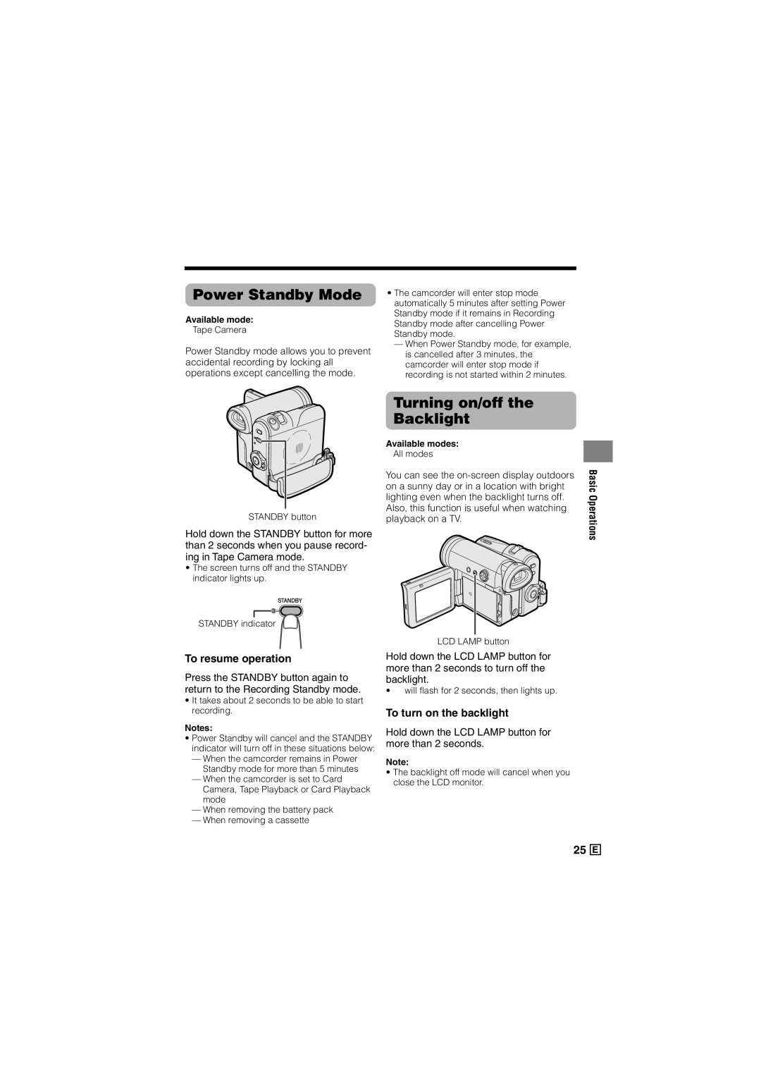 Sharp VL-Z500E operation manual Power Standby Mode, Turning on/off Backlight, To resume operation, To turn on the backlight 