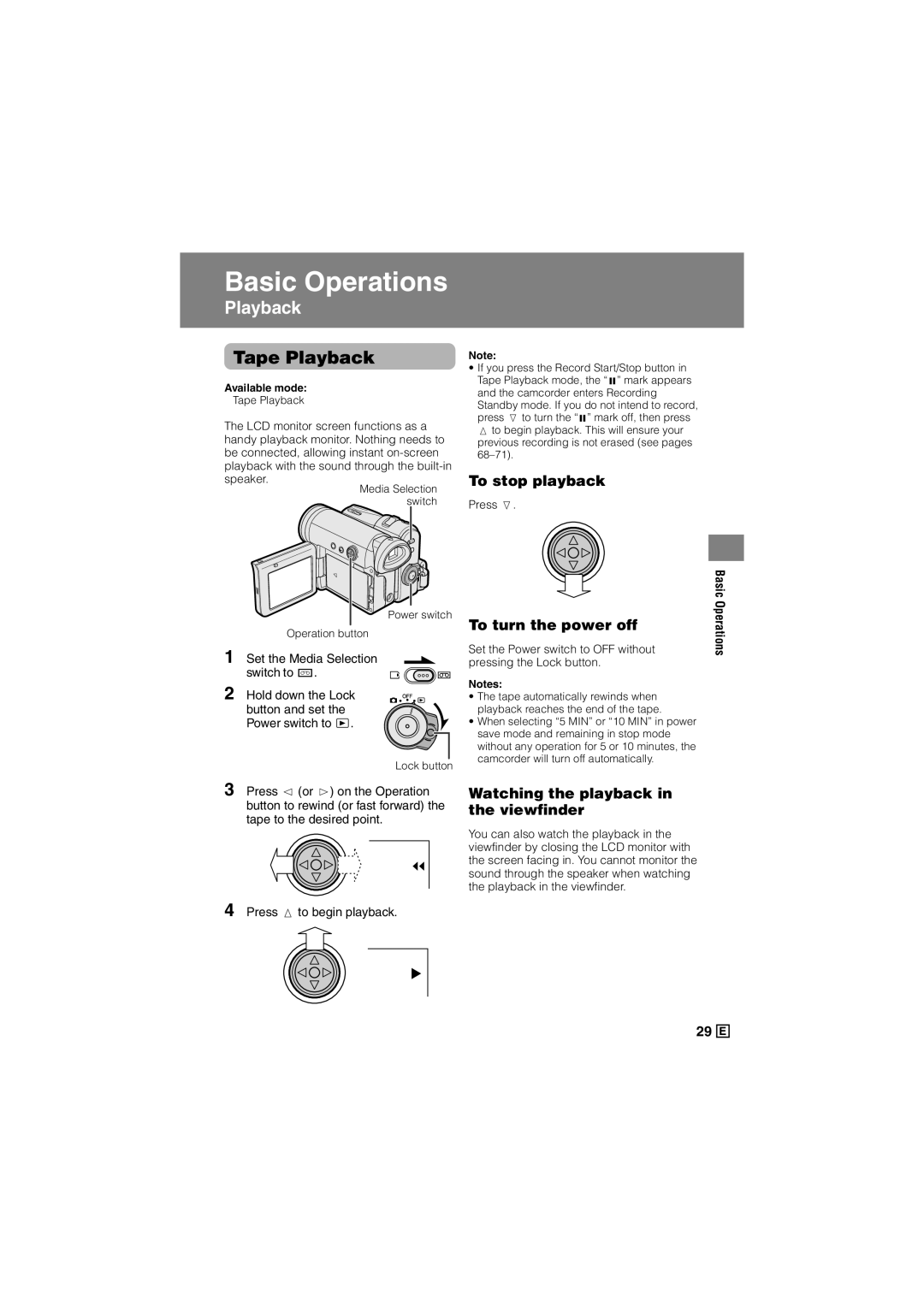 Sharp VL-Z500E operation manual Tape Playback, To stop playback, Watching the playback in the viewfinder, Press l 