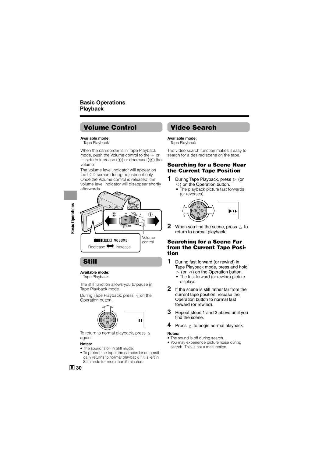 Sharp VL-Z500E operation manual Volume Control Video Search, Still, Basic Operations Playback 