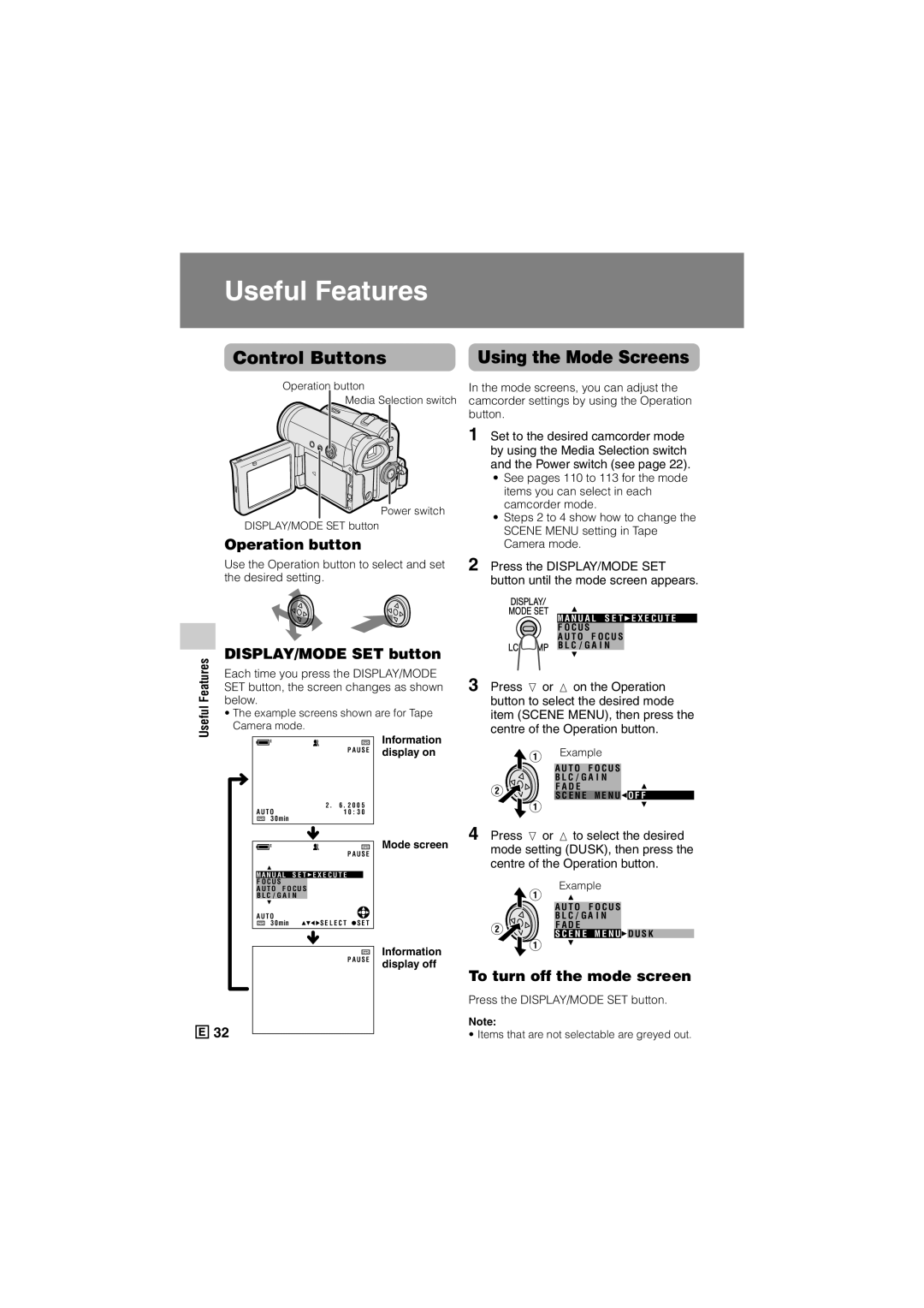 Sharp VL-Z500E operation manual Control Buttons, Using the Mode Screens, Operation button, DISPLAY/MODE SET button 