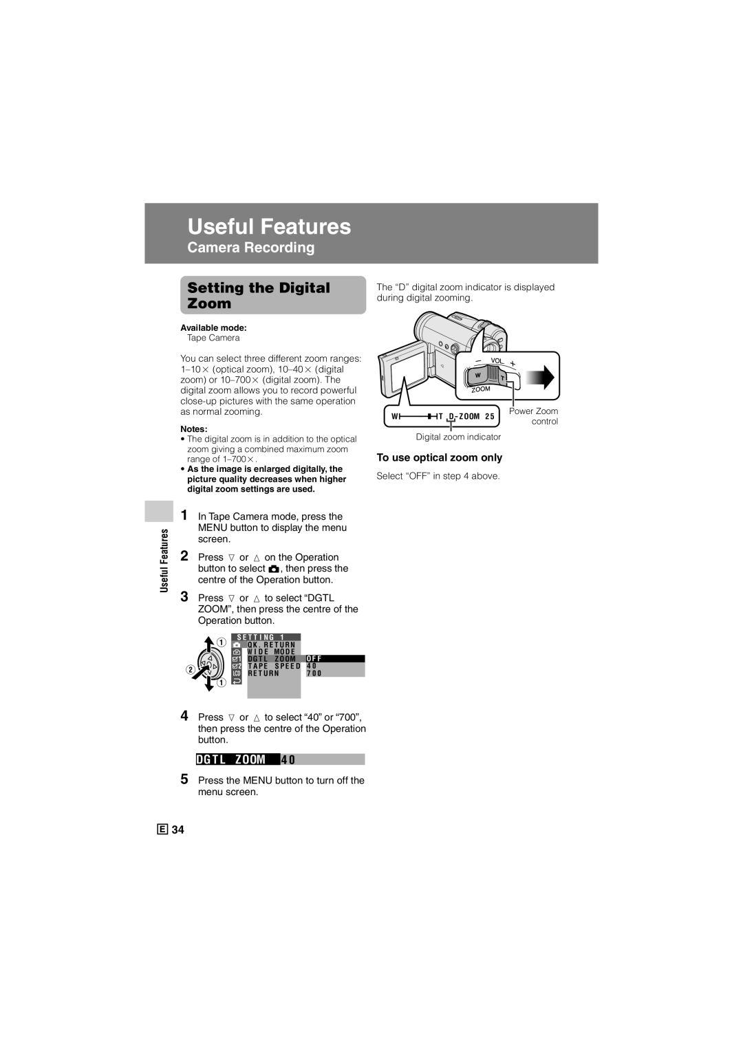 Sharp VL-Z500E operation manual Setting the Digital Zoom, To use optical zoom only 