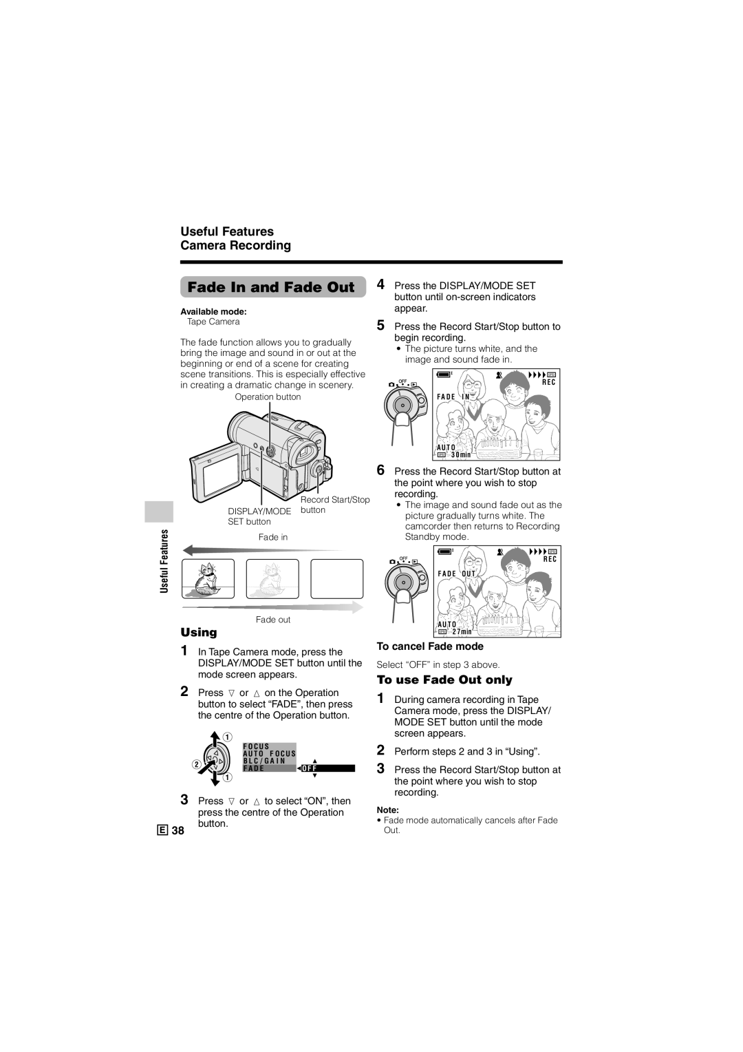 Sharp VL-Z500E operation manual Fade In and Fade Out, Using, To use Fade Out only, Useful, To cancel Fade mode 