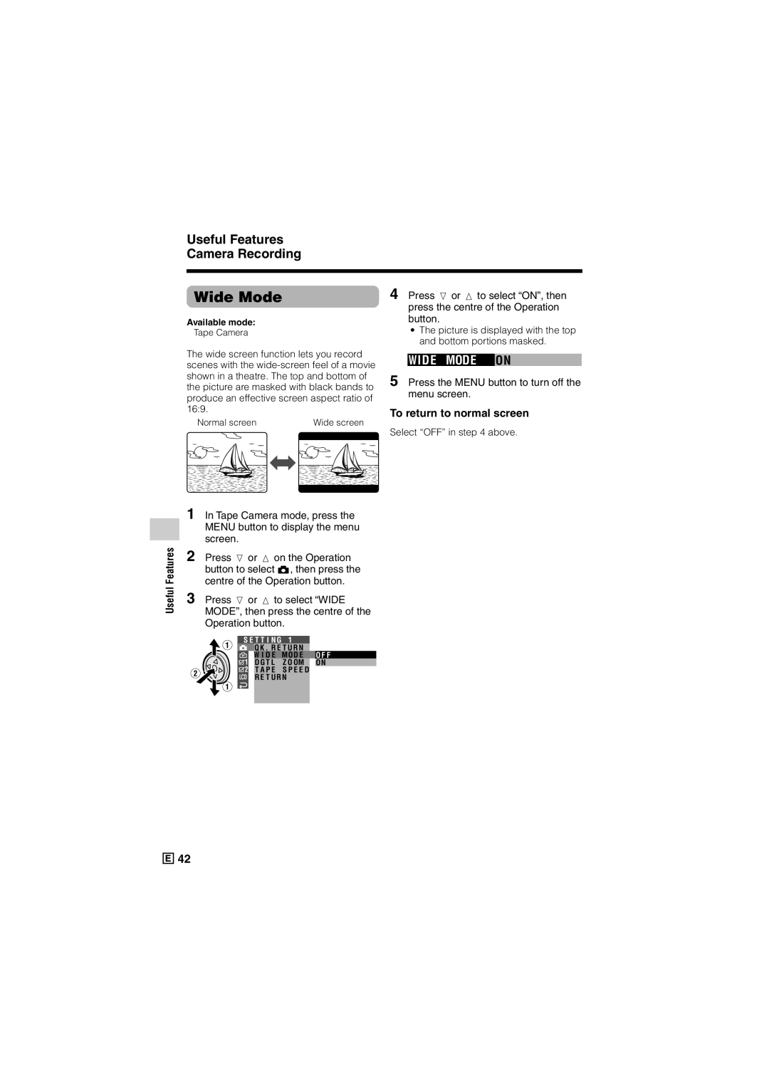 Sharp VL-Z500E operation manual Wide Mode on, Press l or m to select ON, then, Press the centre of the Operation 