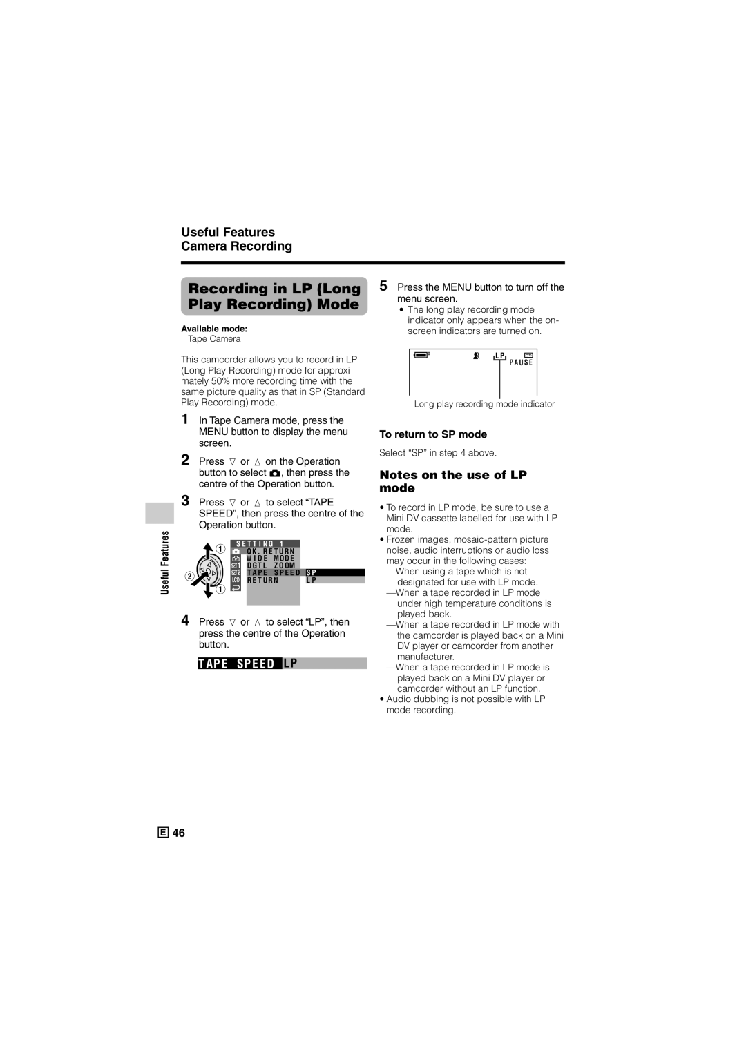 Sharp VL-Z500E operation manual Recording in LP Long, Play Recording Mode, Ap E Sp E E D Lp, To return to SP mode 