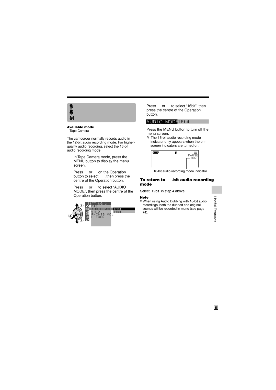 Sharp VL-Z500E Selecting the 16-bit Audio Recording Mode, To return to 12-bit audio recording mode, Select 12bit in above 