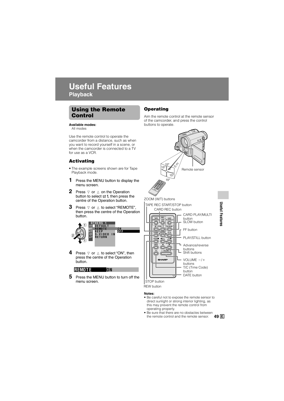 Sharp VL-Z500E operation manual Using the Remote Control, Activating, Remo T E on, Operating 