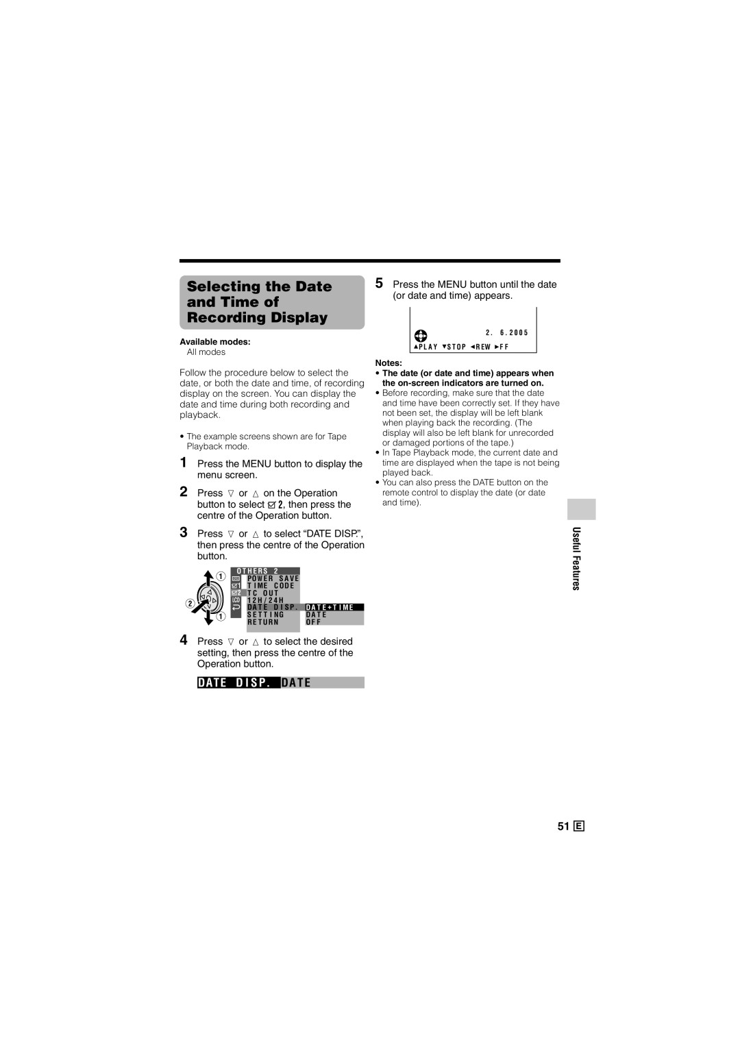 Sharp VL-Z500E operation manual Selecting the Date Time Recording Display, T E D I S P . Da T E 