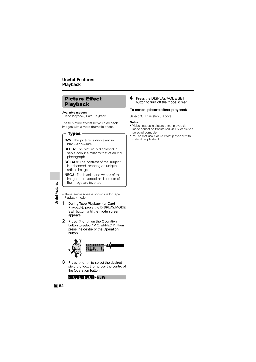 Sharp VL-Z500E operation manual Picture Effect, Playback, Press the DISPLAY/MODE SET, To cancel picture effect playback 