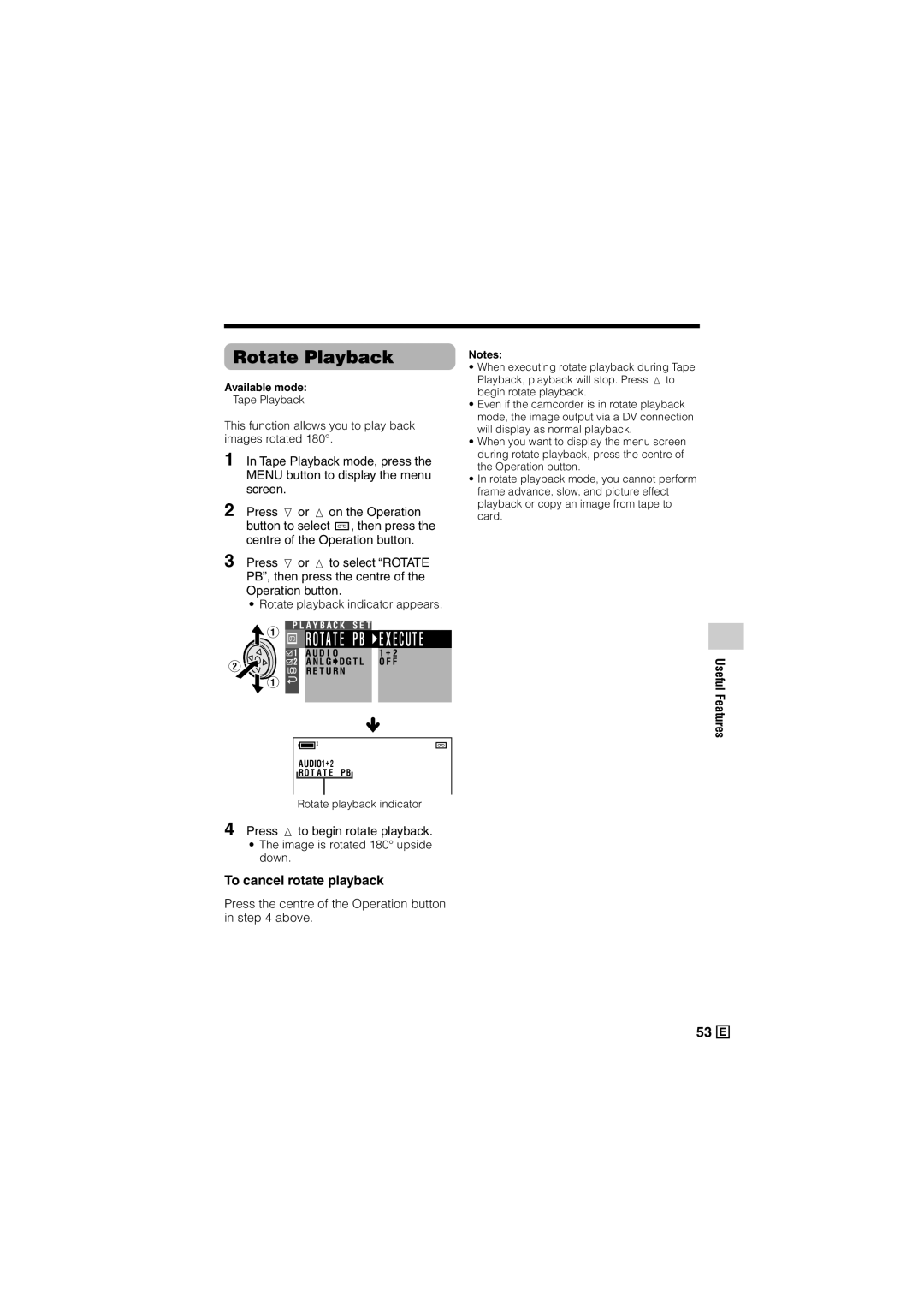 Sharp VL-Z500E operation manual Rotate Playback, Press m to begin rotate playback, To cancel rotate playback 