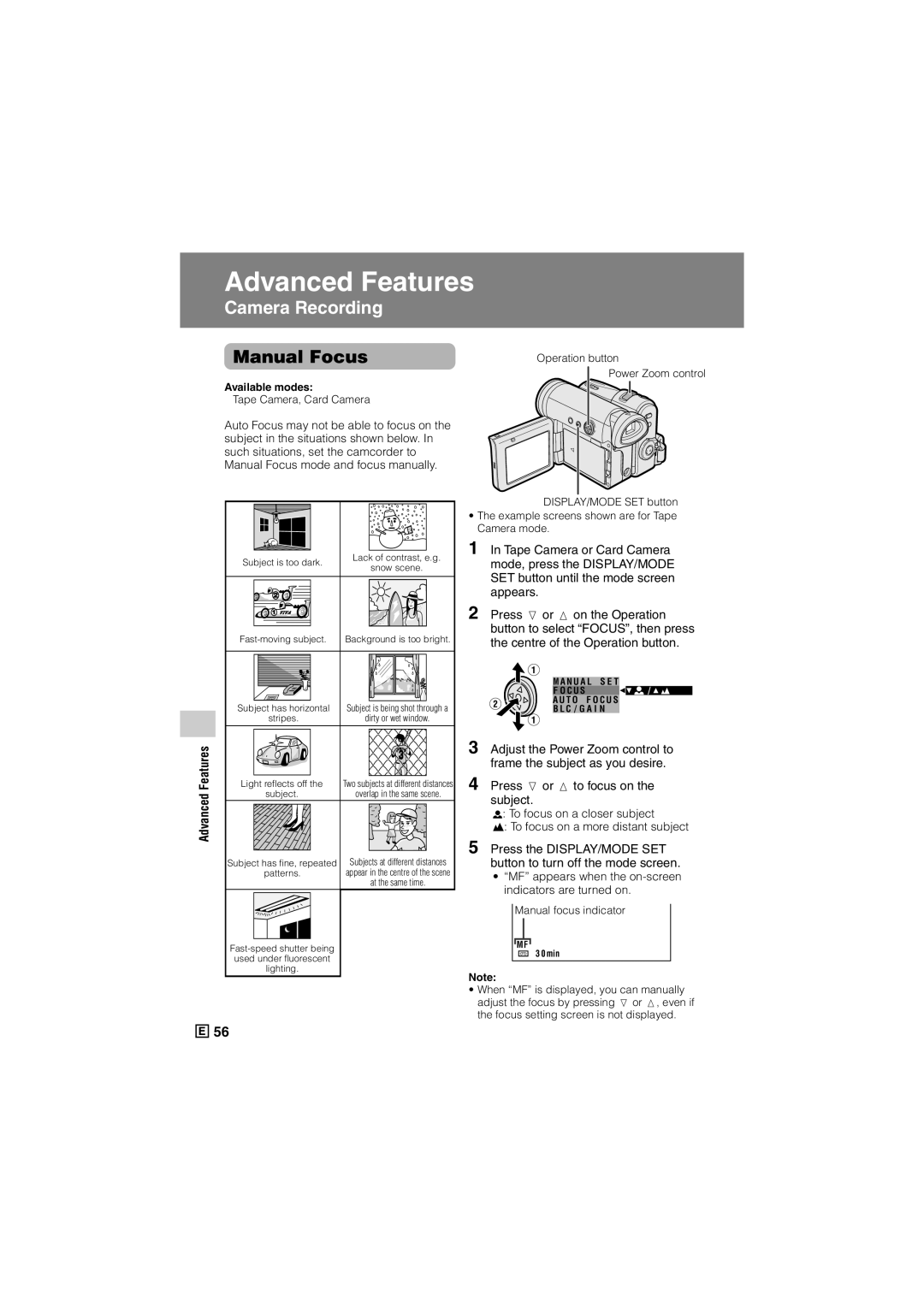 Sharp VL-Z500E operation manual Manual Focus, MF appears when the on-screen indicators are turned on 