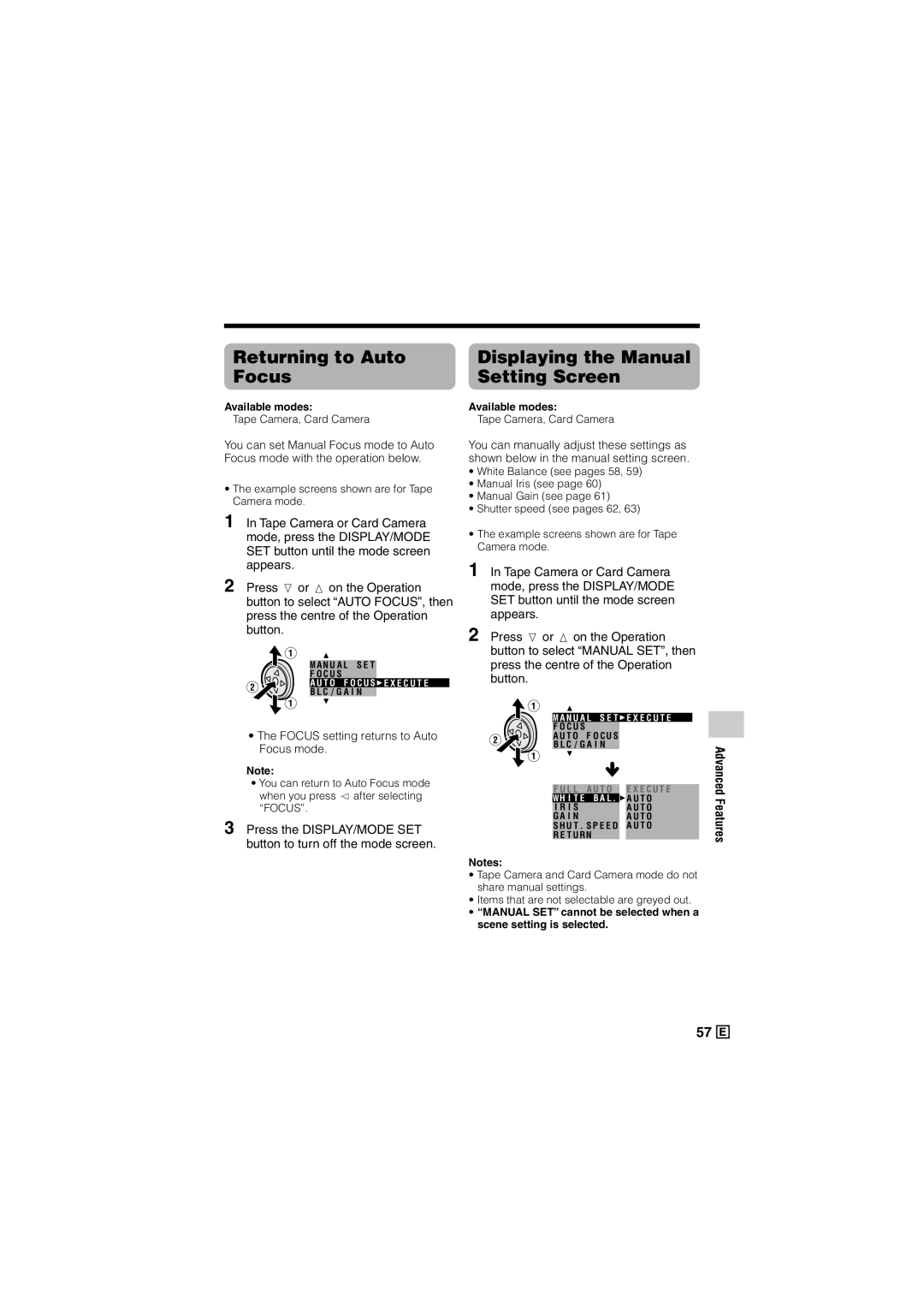 Sharp VL-Z500E operation manual Focus setting returns to Auto Focus mode, Available modes Tape Camera, Card Camera 