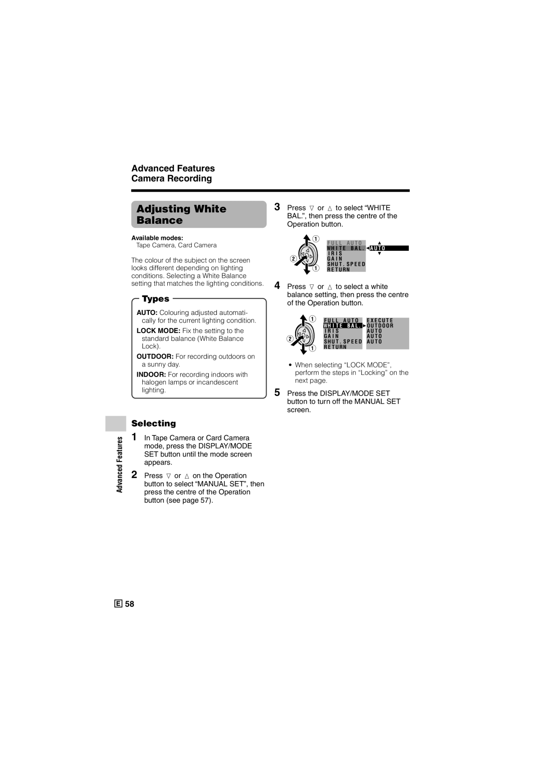 Sharp VL-Z500E operation manual Adjusting White Balance, Advanced Features Camera Recording, Selecting 