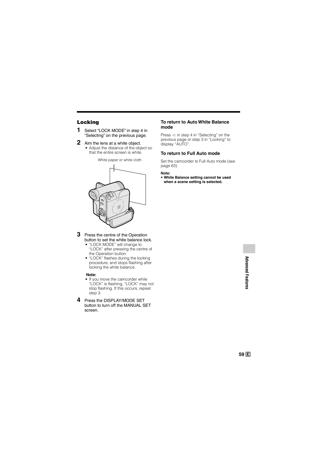 Sharp VL-Z500E operation manual Locking, To return to Auto White Balance mode, To return to Full Auto mode 