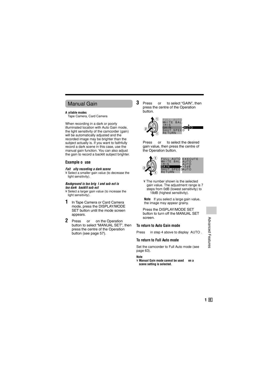 Sharp VL-Z500E operation manual Manual Gain, To return to Auto Gain mode 