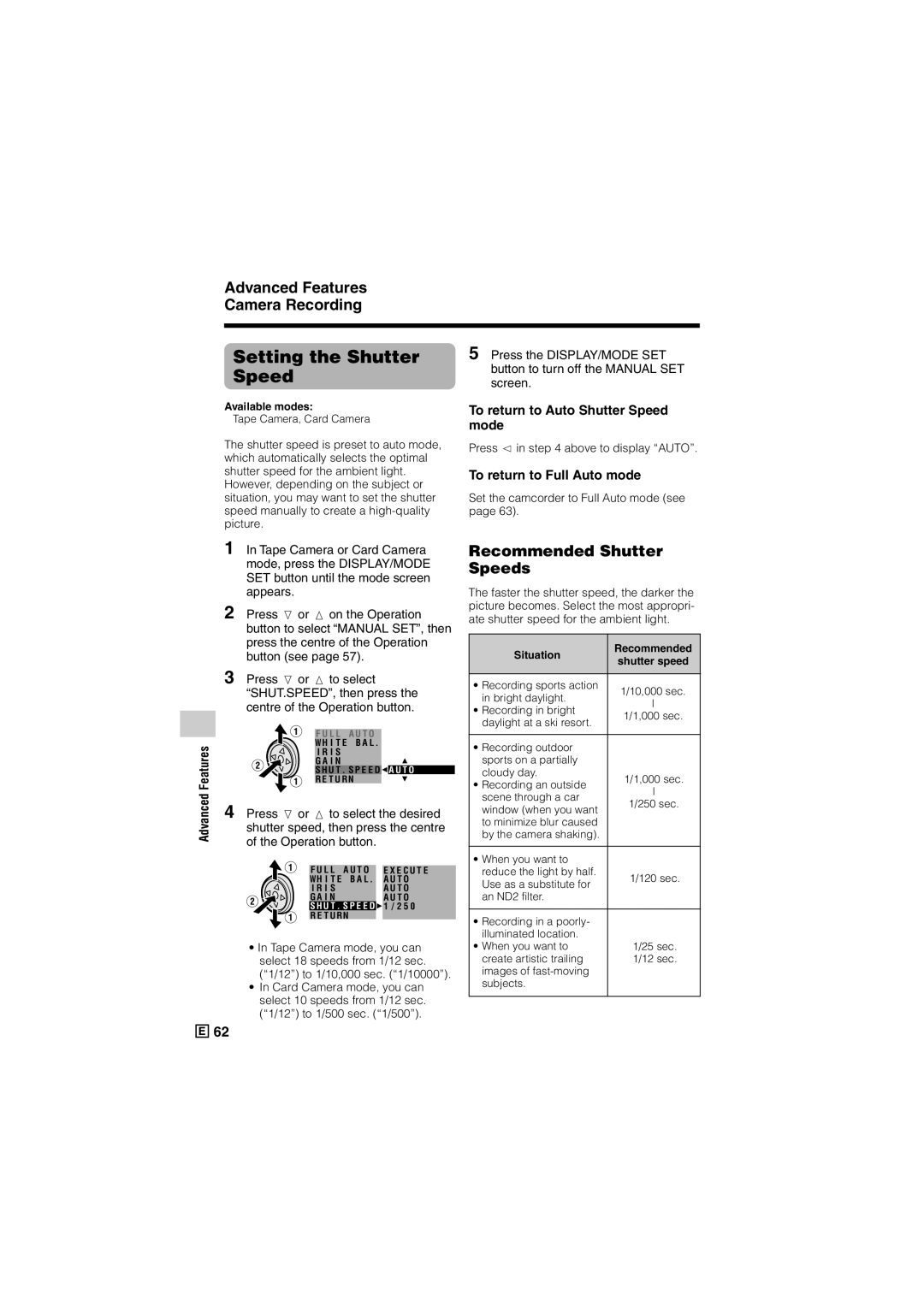 Sharp VL-Z500E operation manual Setting the Shutter Speed, Recommended Shutter Speeds, To return to Auto Shutter Speed mode 