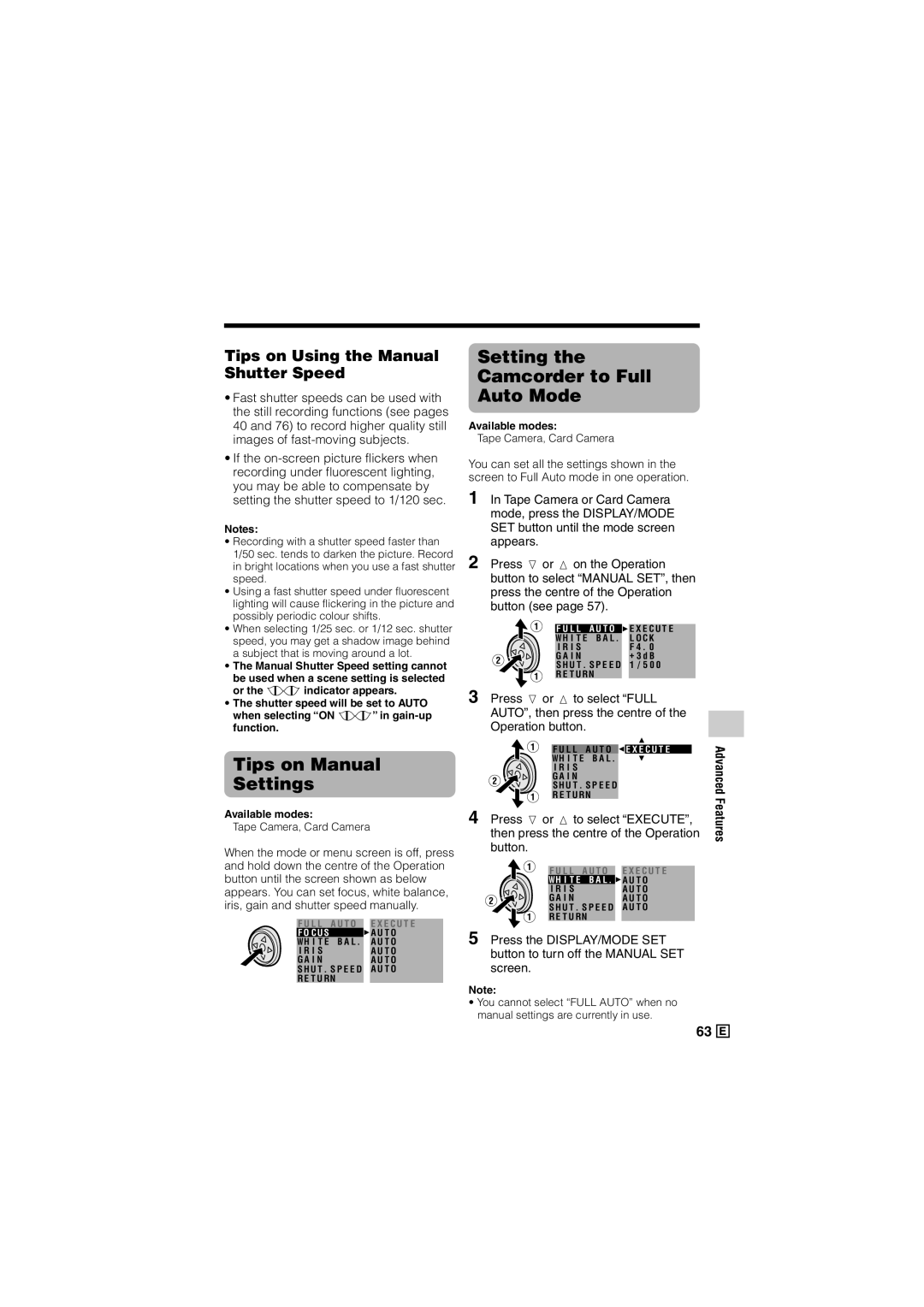 Sharp VL-Z500E Tips on Manual Settings, Setting the Camcorder to Full Auto Mode, Tips on Using the Manual Shutter Speed 