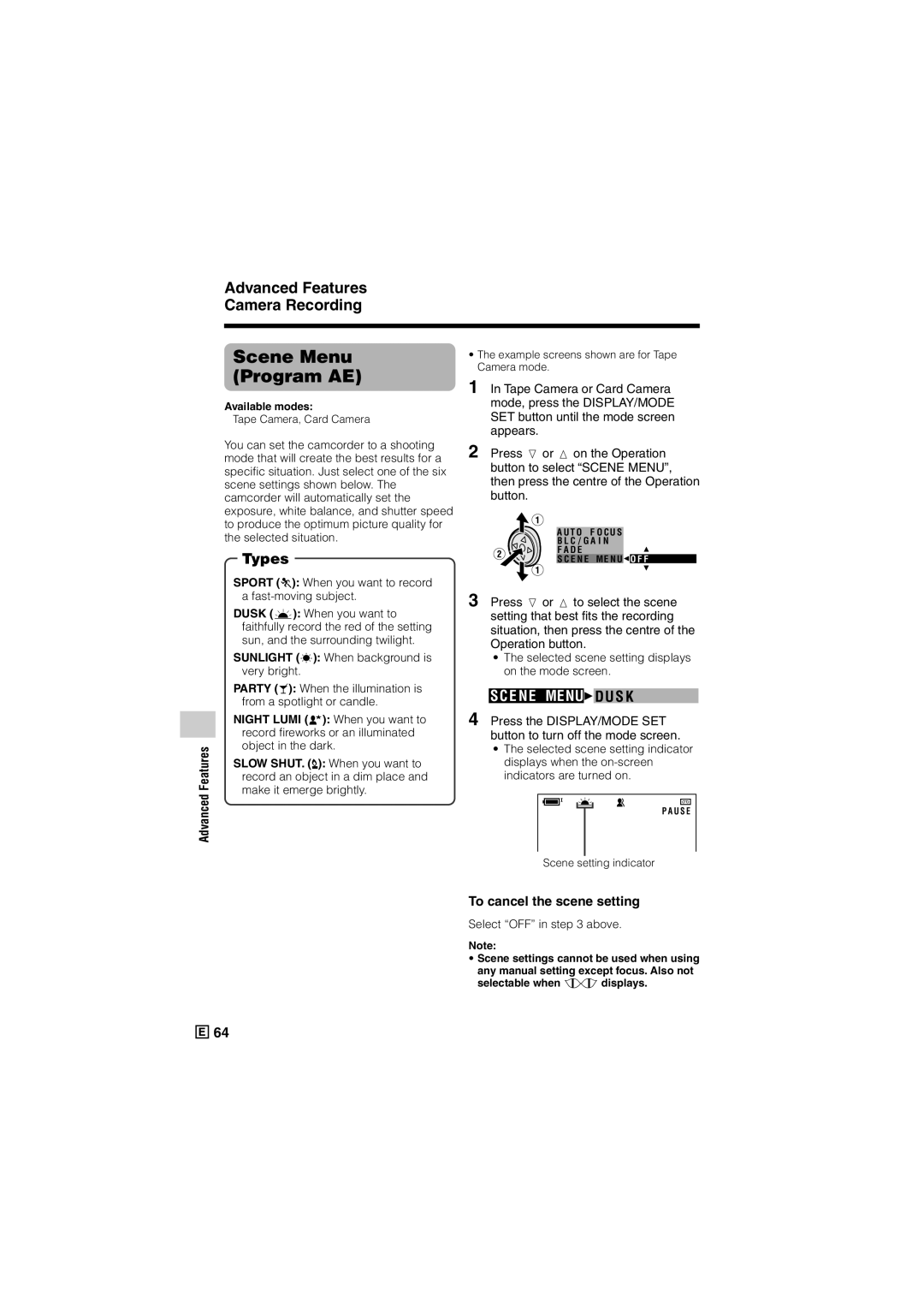 Sharp VL-Z500E operation manual Scene Menu Program AE, E NE Menu D U S K, To cancel the scene setting 