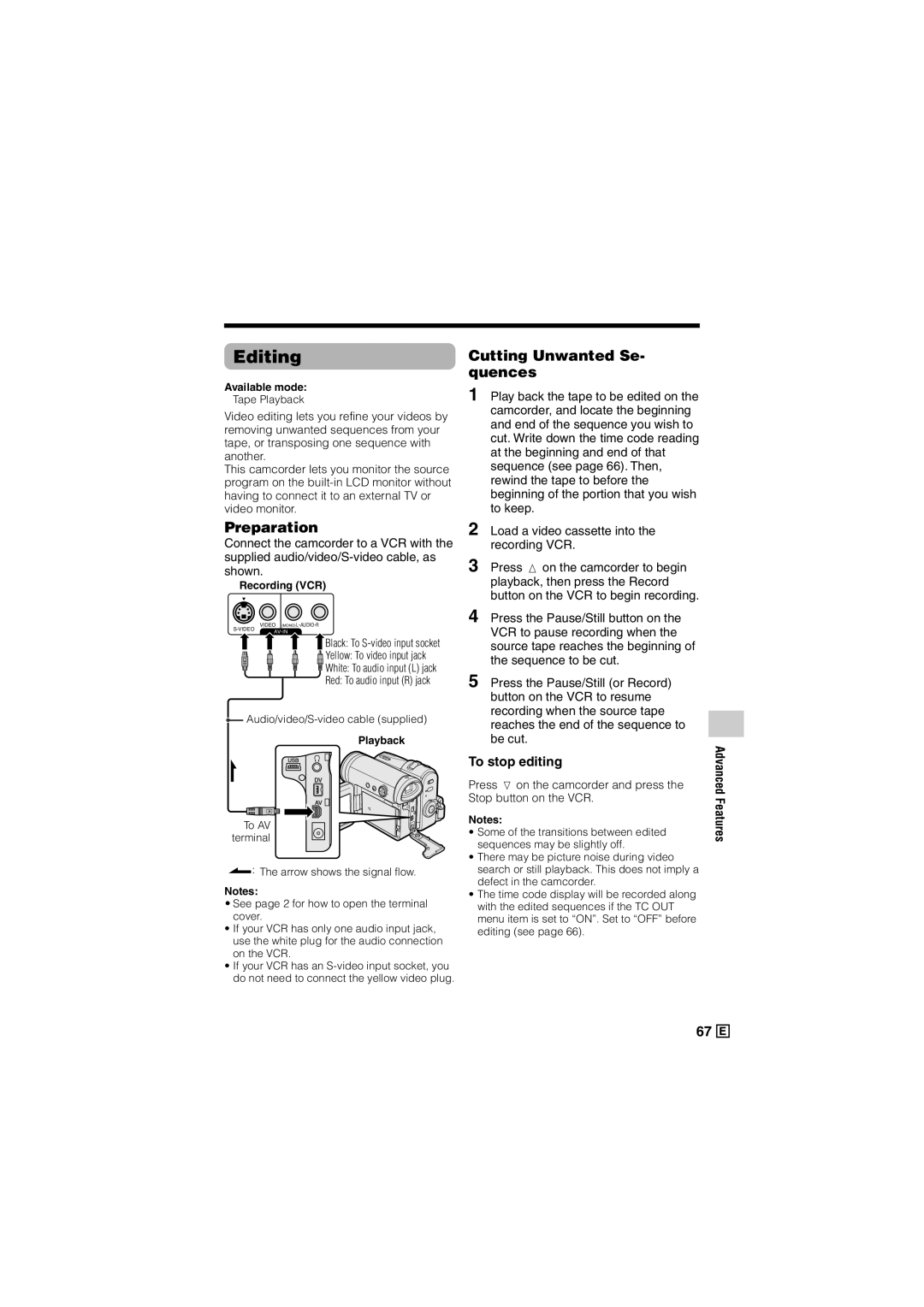 Sharp VL-Z500E operation manual Editing, Cutting Unwanted Se- quences, To stop editing, Recording VCR, Playback 