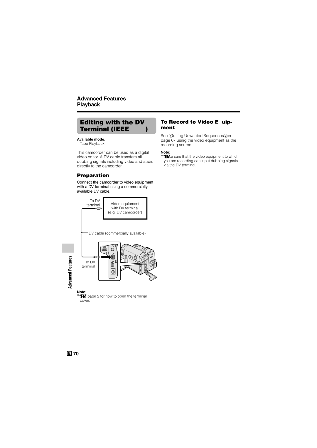 Sharp VL-Z500E operation manual Editing with the DV Terminal IEEE1394, To Record to Video Equip- ment 