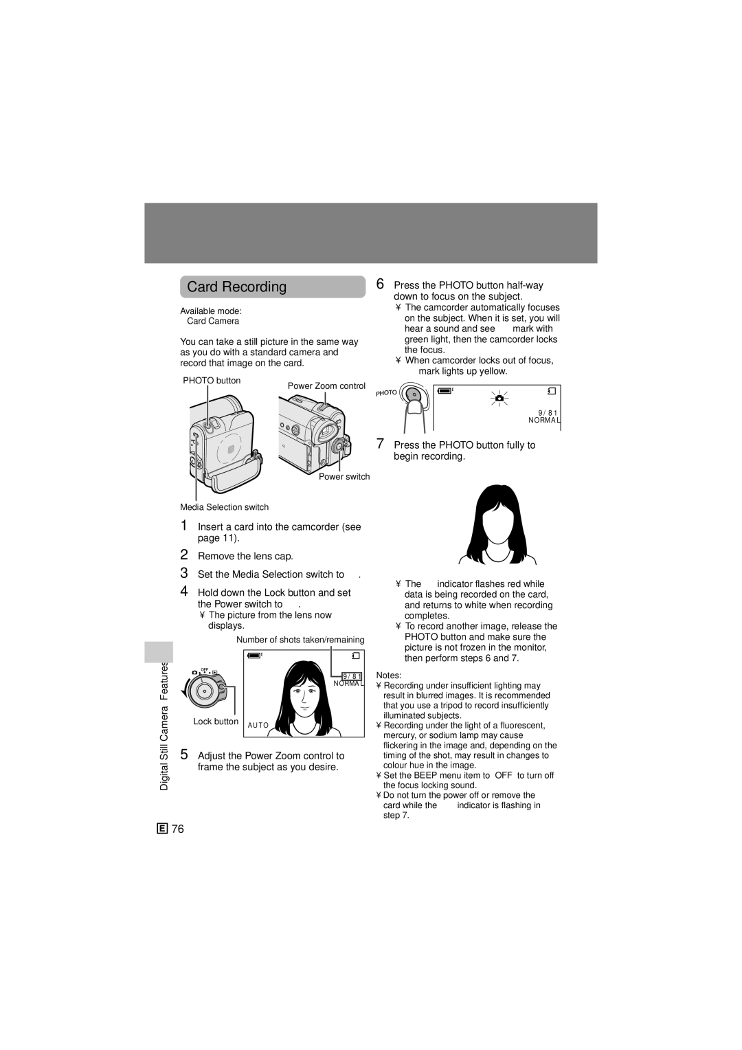 Sharp VL-Z500E Card Recording, Digital Still Camera Features, Press the Photo button fully to begin recording 