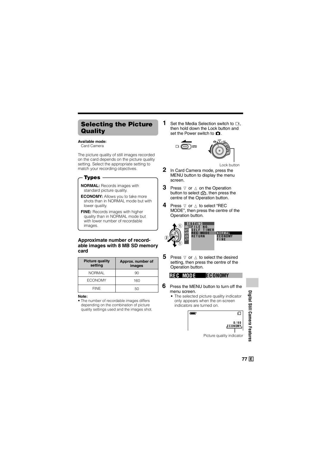 Sharp VL-Z500E Selecting the Picture Quality, RE C Mode E C Onomy, Picture quality Approx. number Setting Images 