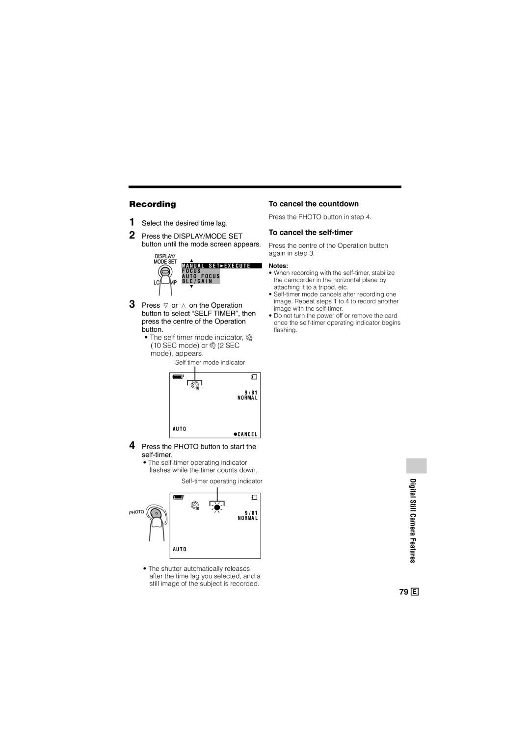 Sharp VL-Z500E operation manual Recording, To cancel the countdown, To cancel the self-timer 